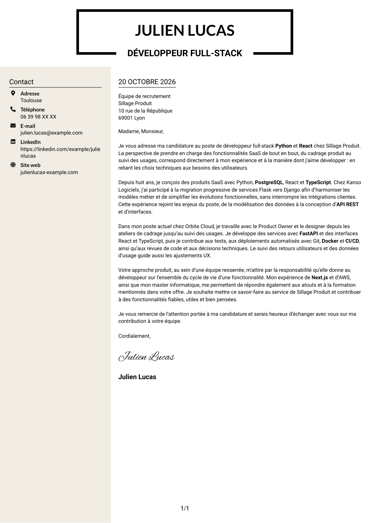 Lettre de motivation Fonceur (format à deux colonnes avec en-tête centré sans photo) : Développeur full-stack Python - React, page 1
