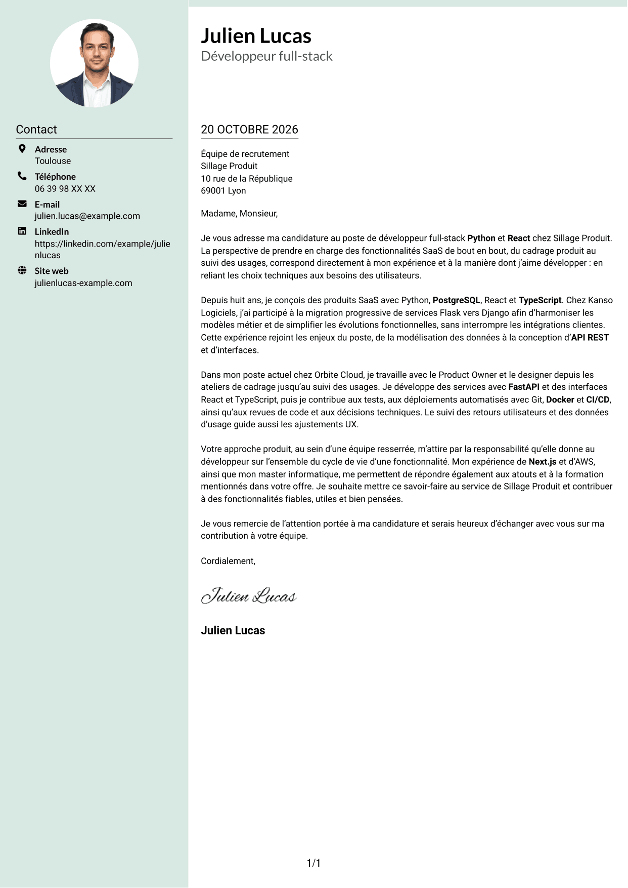 Lettre de motivation Cadre (format à colonne latérale douce avec photo arrondie) : Développeur full-stack Python - React, page 1