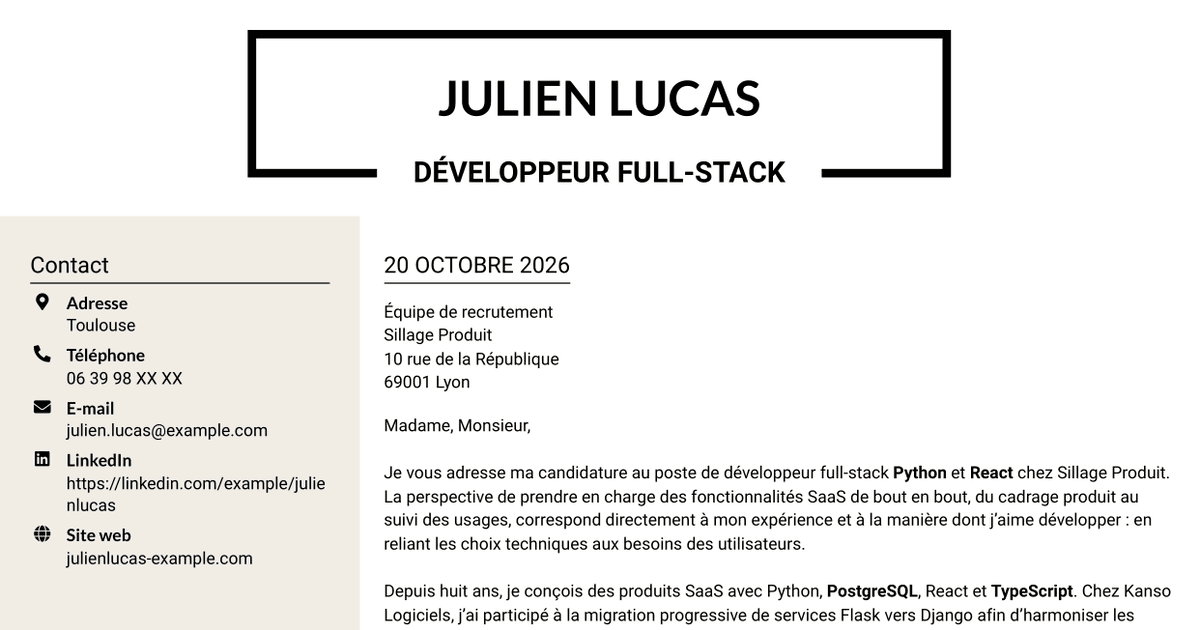 7 modèles de lettre de motivation pour Développeur full-stack Python - React, avec exemples