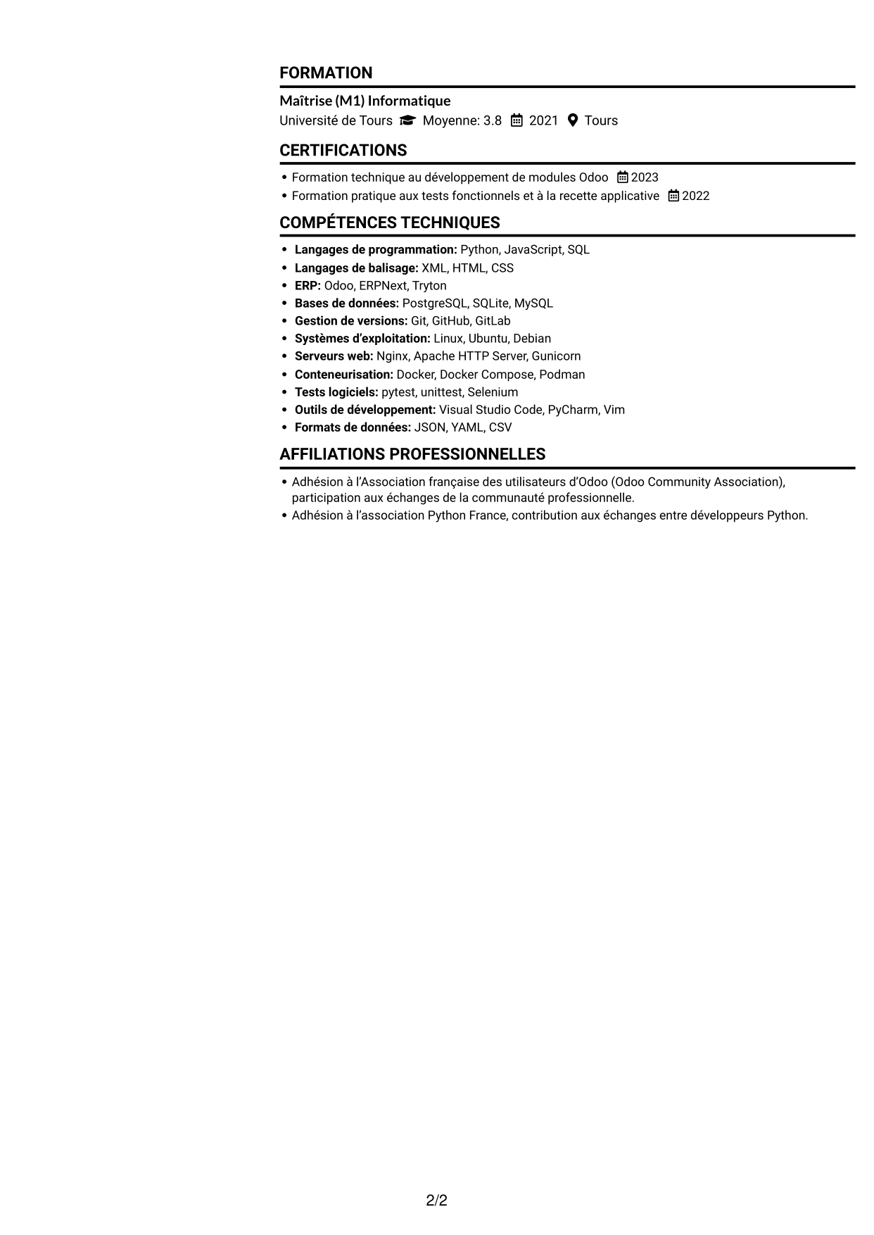 CV Compact (format sobre à deux colonnes avec photo) : Développeur informatique - Python et Odoo, page 2