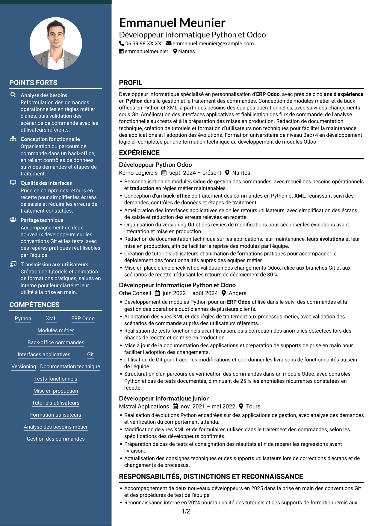 CV Élégant (format à colonne latérale colorée avec photo) : Développeur informatique - Python et Odoo, page 1