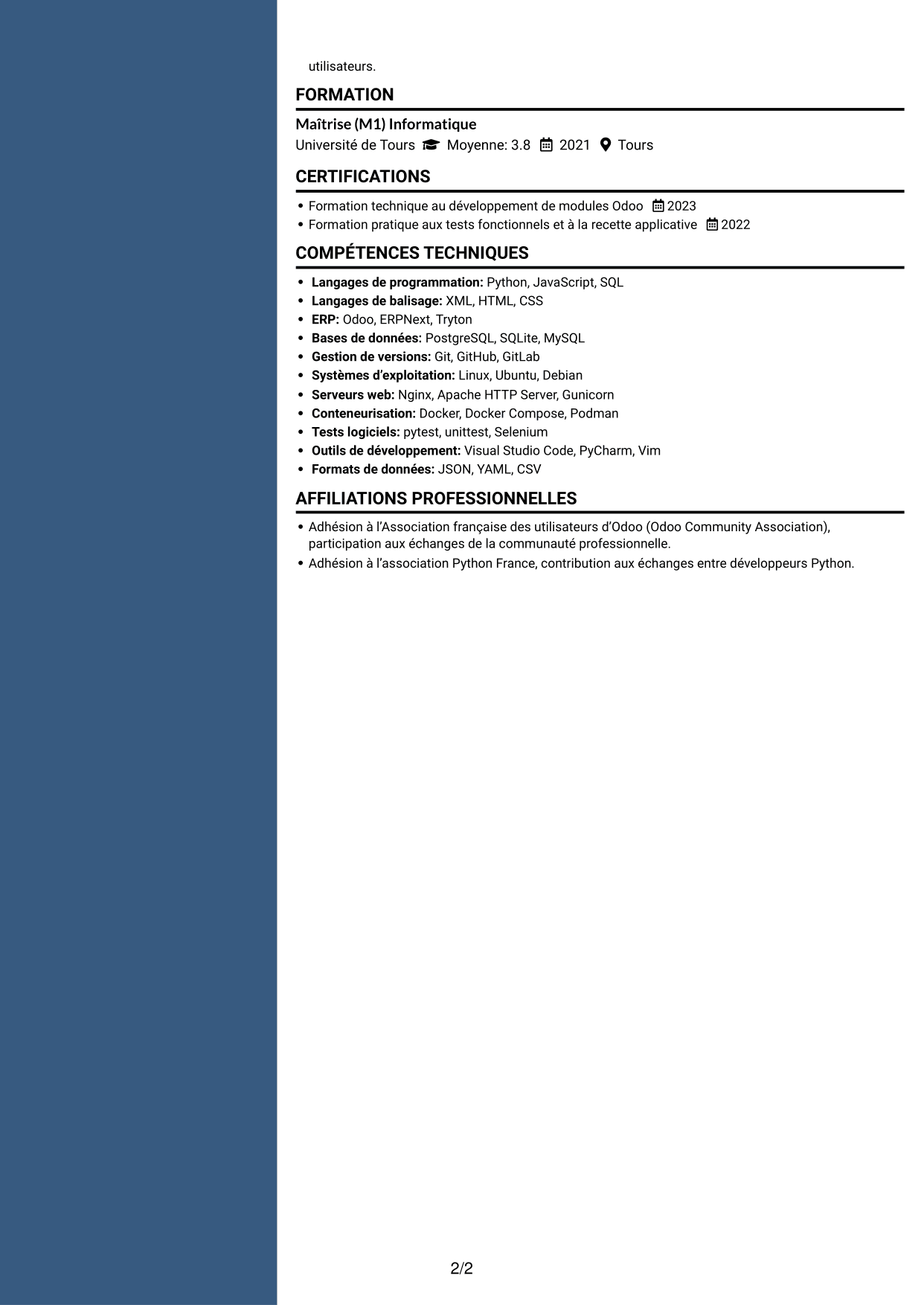 CV Élégant (format à colonne latérale colorée avec photo) : Développeur informatique - Python et Odoo, page 2