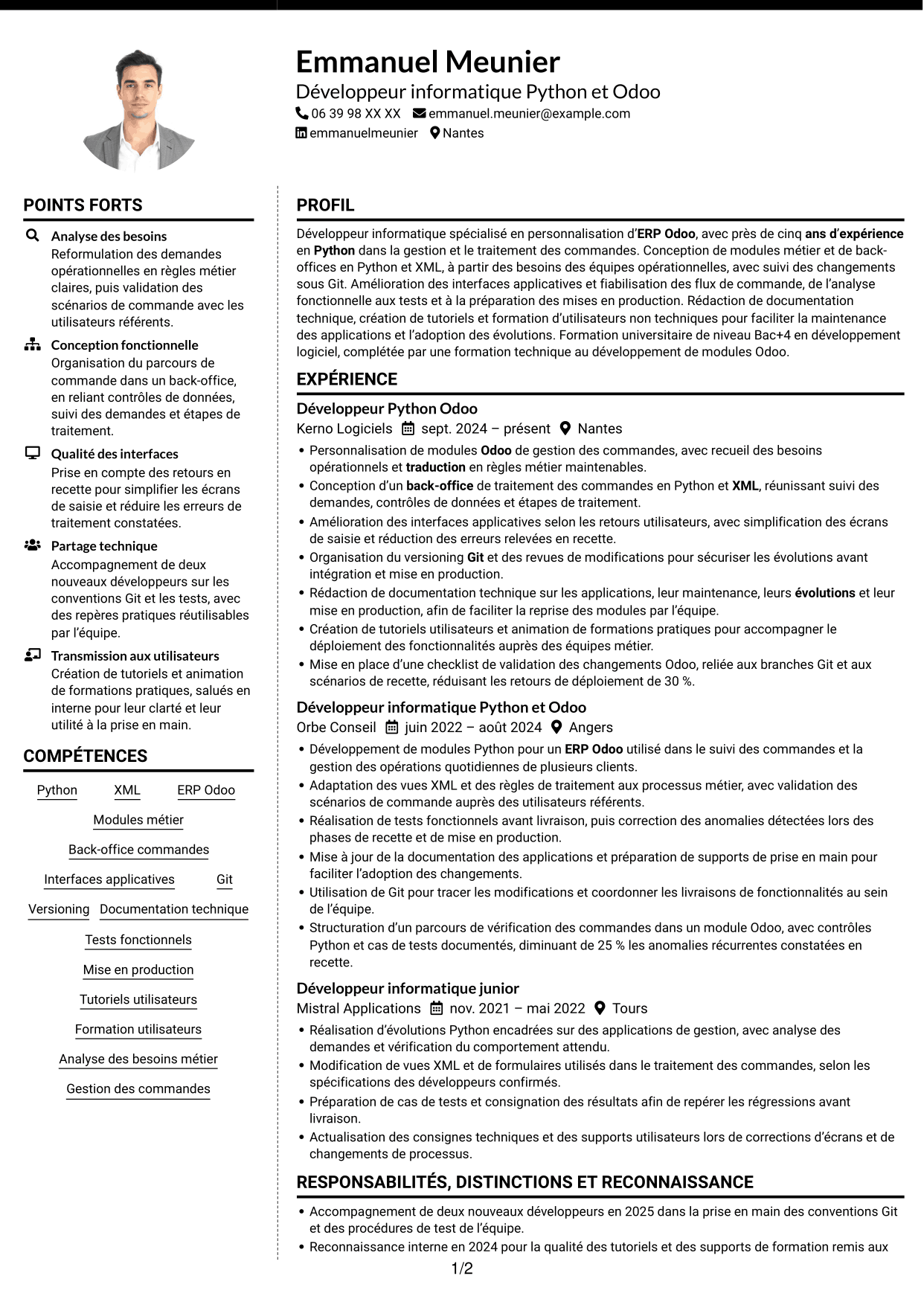 CV Moderne (format à deux colonnes avec photo à gauche et séparateur) : Développeur informatique - Python et Odoo, page 1