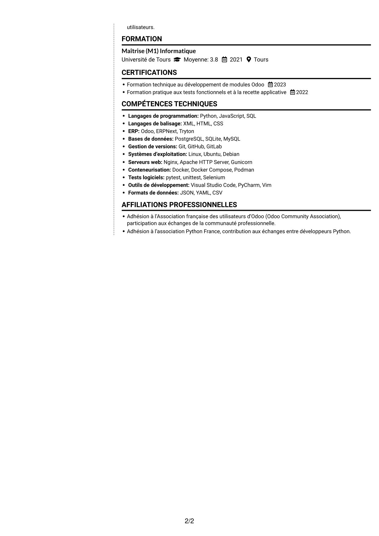 CV Moderne (format à deux colonnes avec photo à gauche et séparateur) : Développeur informatique - Python et Odoo, page 2