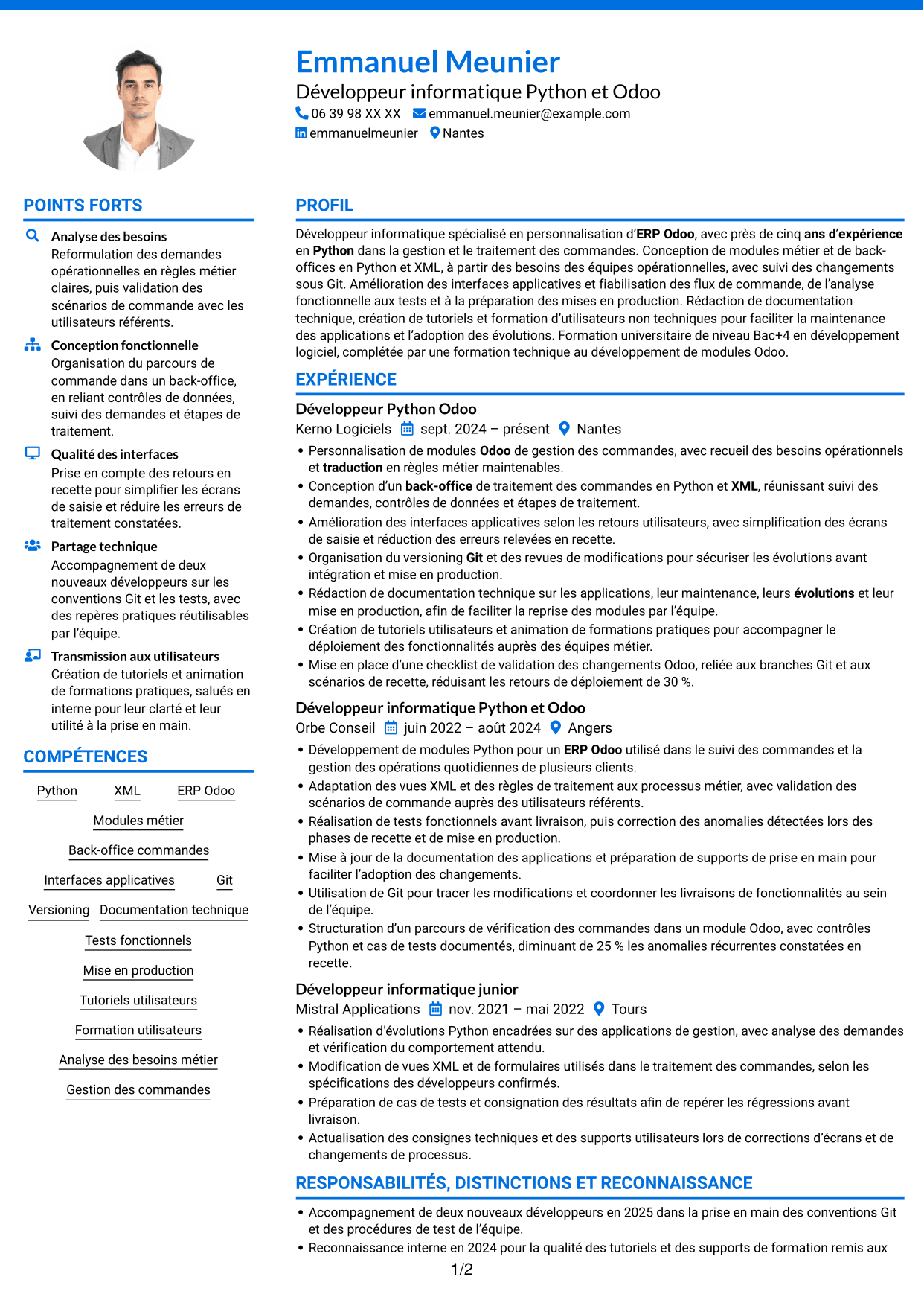 CV Audacieux (format à deux colonnes avec accents colorés et photo) : Développeur informatique - Python et Odoo, page 1