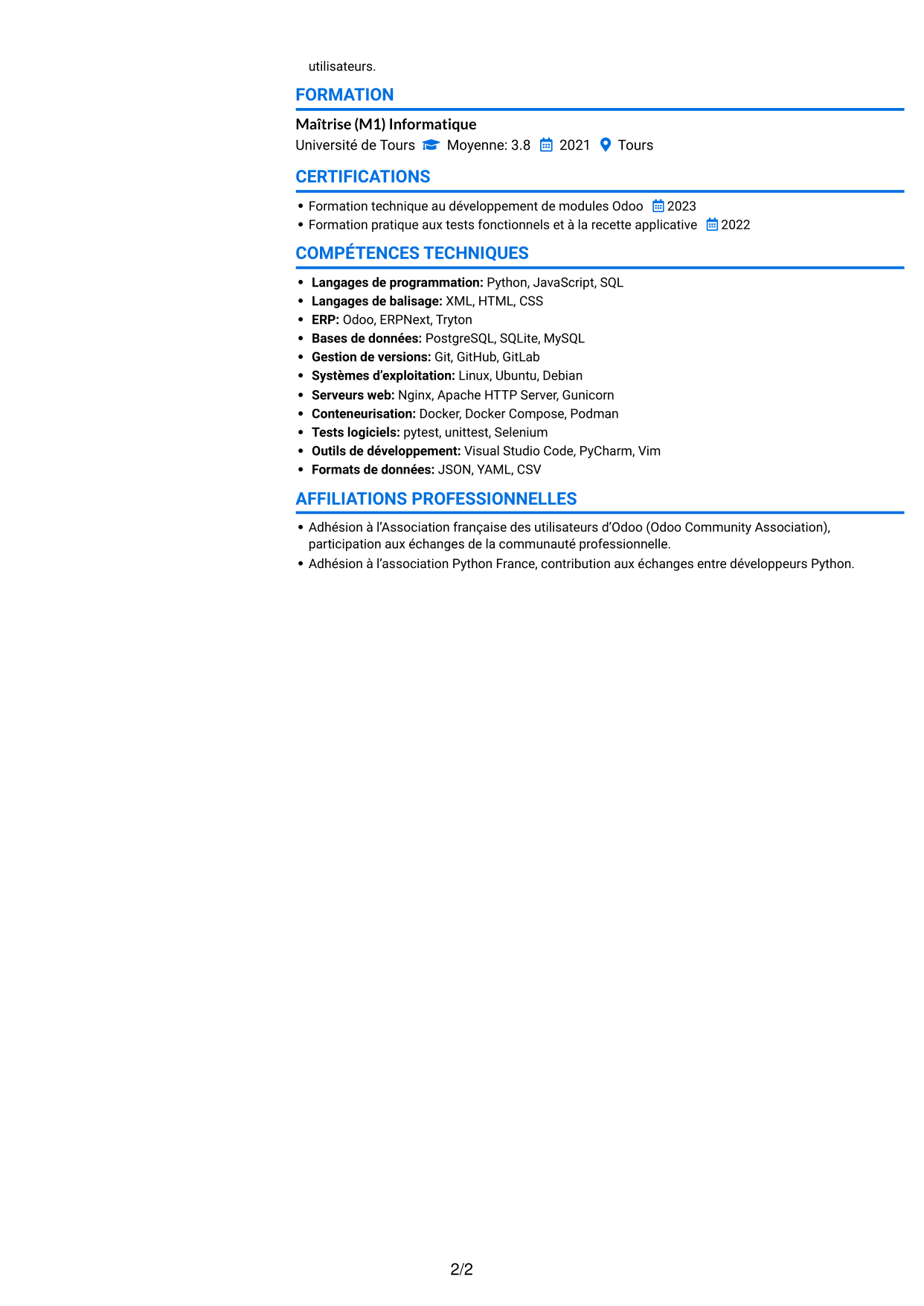 CV Audacieux (format à deux colonnes avec accents colorés et photo) : Développeur informatique - Python et Odoo, page 2