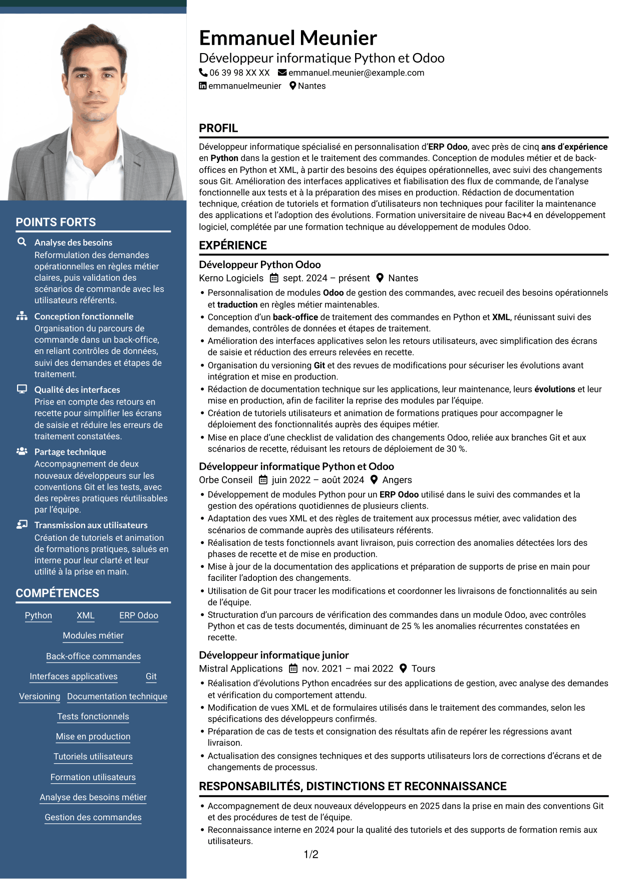 CV Signature (format à colonne latérale colorée avec grande photo) : Développeur informatique - Python et Odoo, page 1