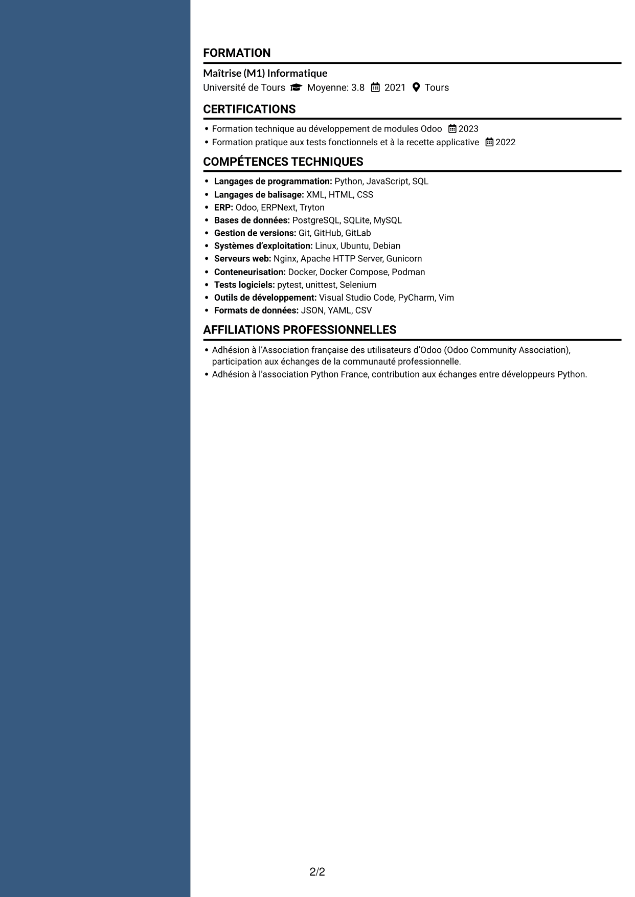 CV Signature (format à colonne latérale colorée avec grande photo) : Développeur informatique - Python et Odoo, page 2