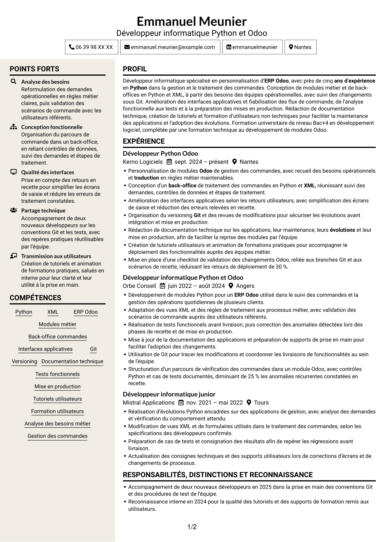 CV Fonceur (format à deux colonnes avec en-tête centré sans photo) : Développeur informatique - Python et Odoo, page 1