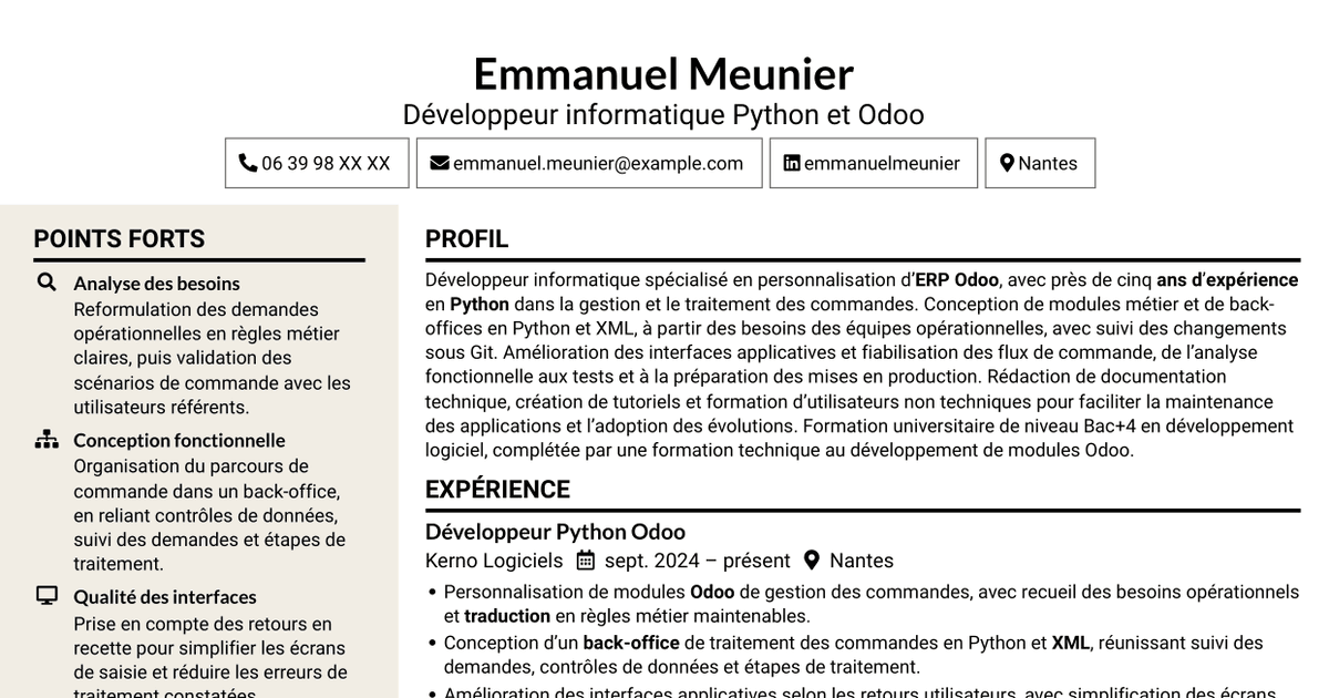 7 modèles de CV pour Développeur informatique - Python et Odoo, avec exemples
