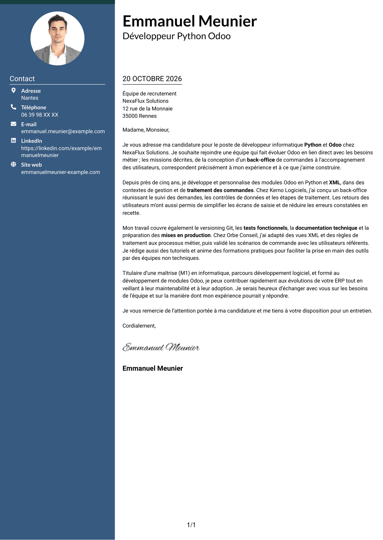 Lettre de motivation Élégant (format à colonne latérale colorée avec photo) : Développeur informatique - Python et Odoo, page 1