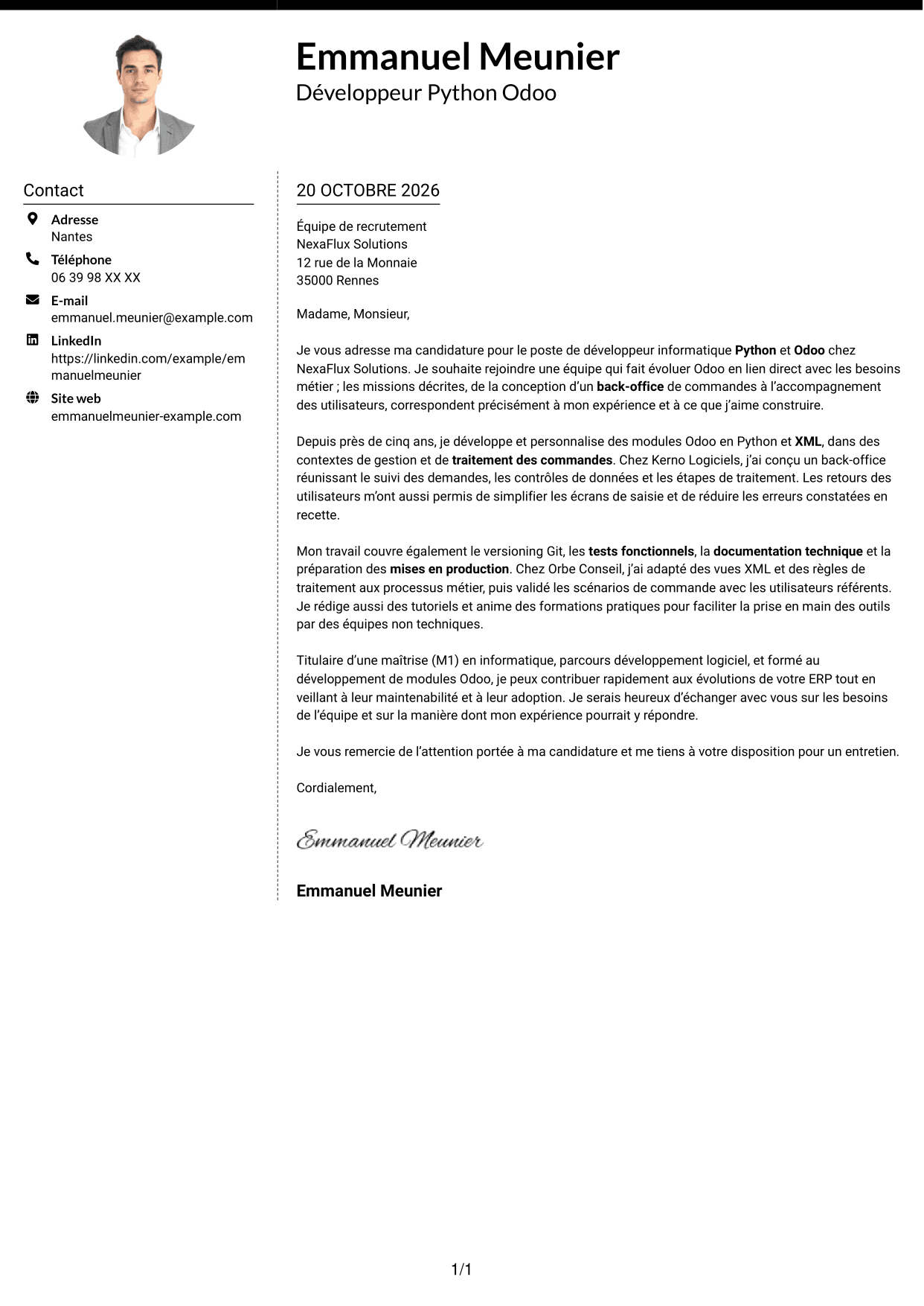 Lettre de motivation Moderne (format à deux colonnes avec photo à gauche et séparateur) : Développeur informatique - Python et Odoo, page 1