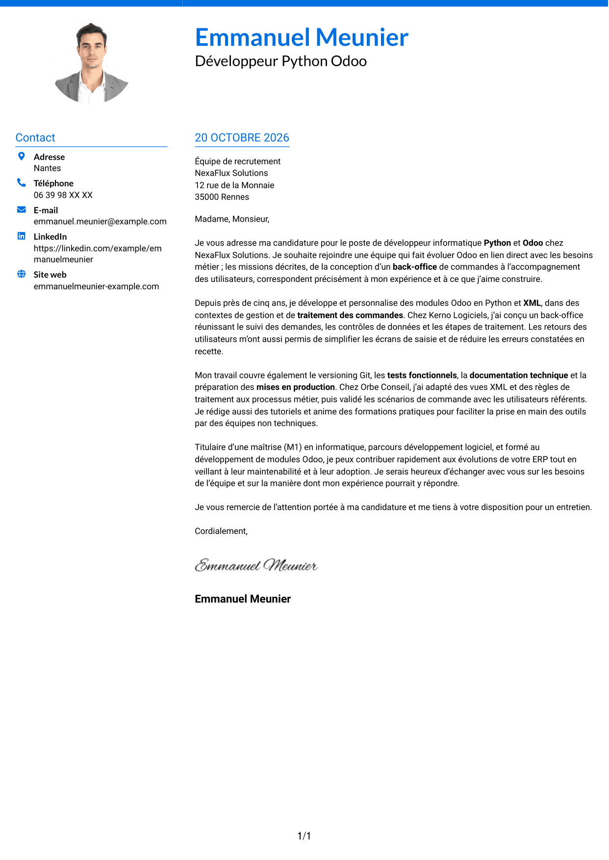 Lettre de motivation Audacieux (format à deux colonnes avec accents colorés et photo) : Développeur informatique - Python et Odoo, page 1