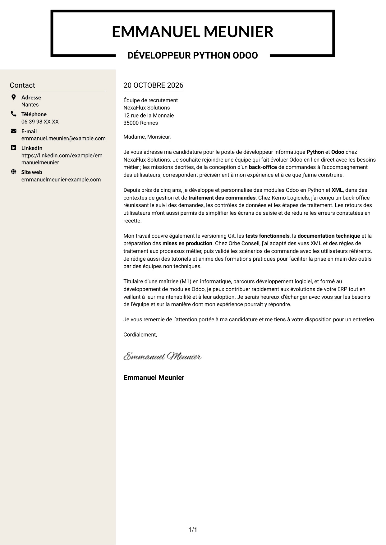 Lettre de motivation Fonceur (format à deux colonnes avec en-tête centré sans photo) : Développeur informatique - Python et Odoo, page 1