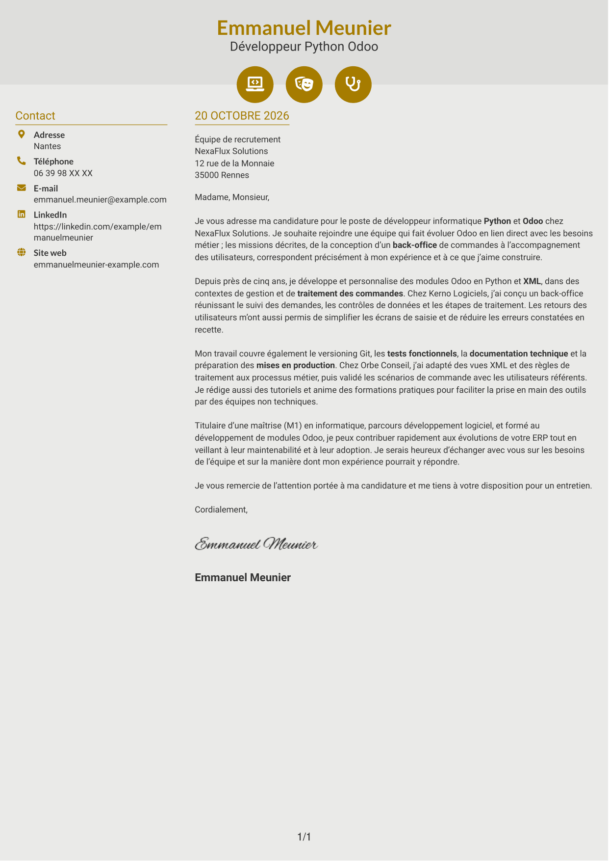 Lettre de motivation Dynamique (format à deux colonnes avec icônes) : Développeur informatique - Python et Odoo, page 1