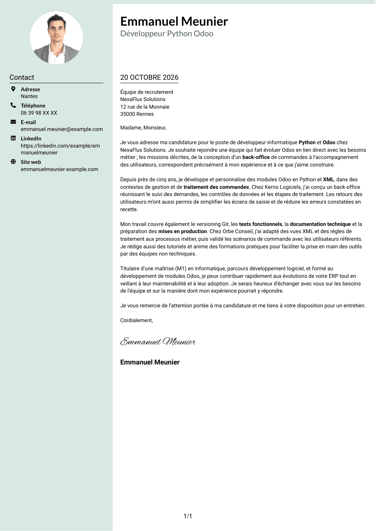 Lettre de motivation Cadre (format à colonne latérale douce avec photo arrondie) : Développeur informatique - Python et Odoo, page 1