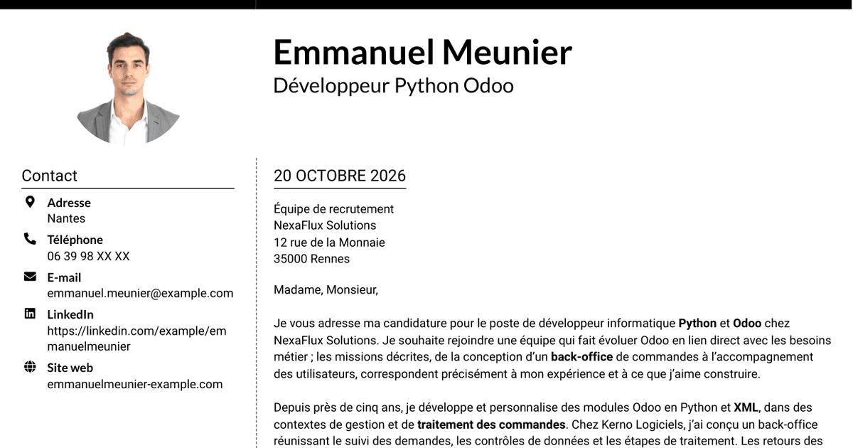 7 modèles de lettre de motivation pour Développeur informatique - Python et Odoo, avec exemples