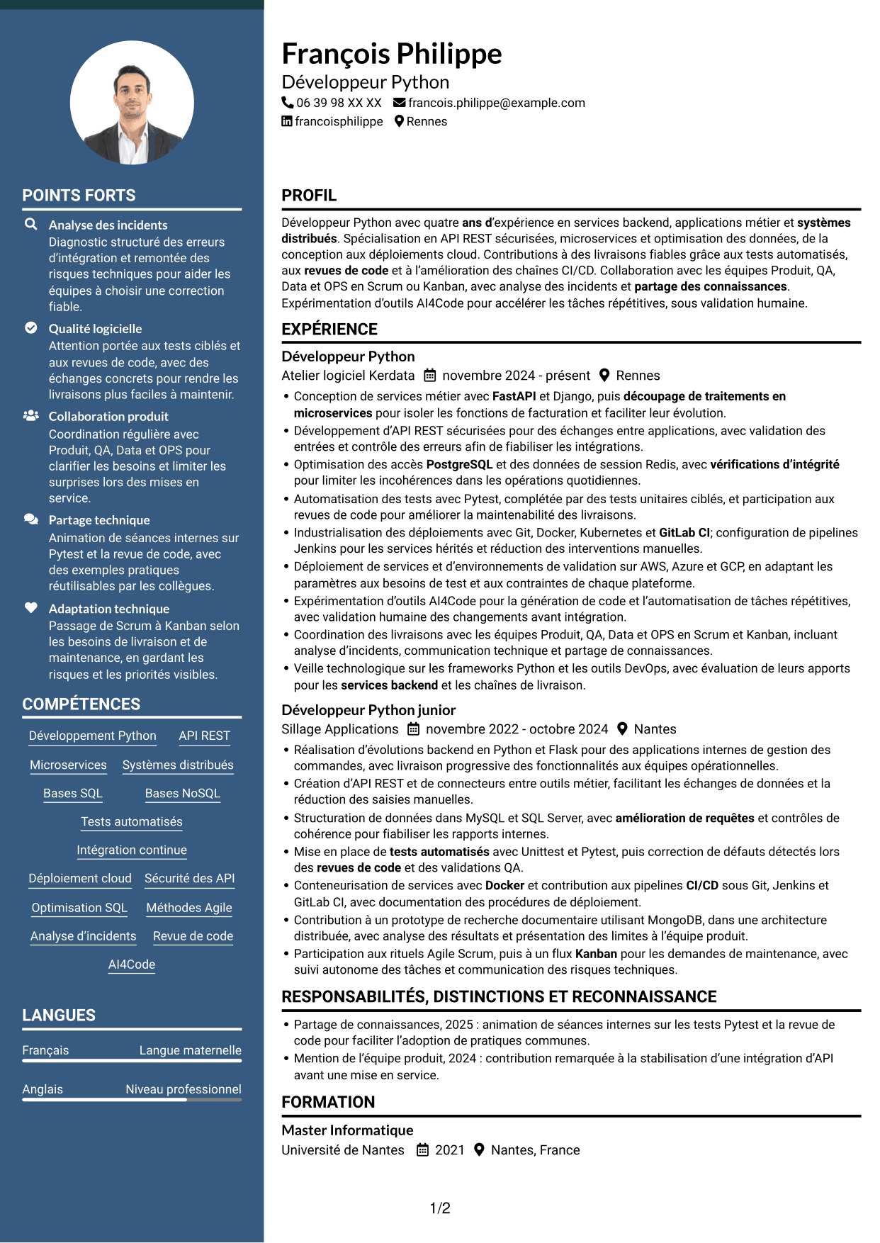 CV Élégant (format à colonne latérale colorée avec photo) : Développeur Python - API et microservices, page 1