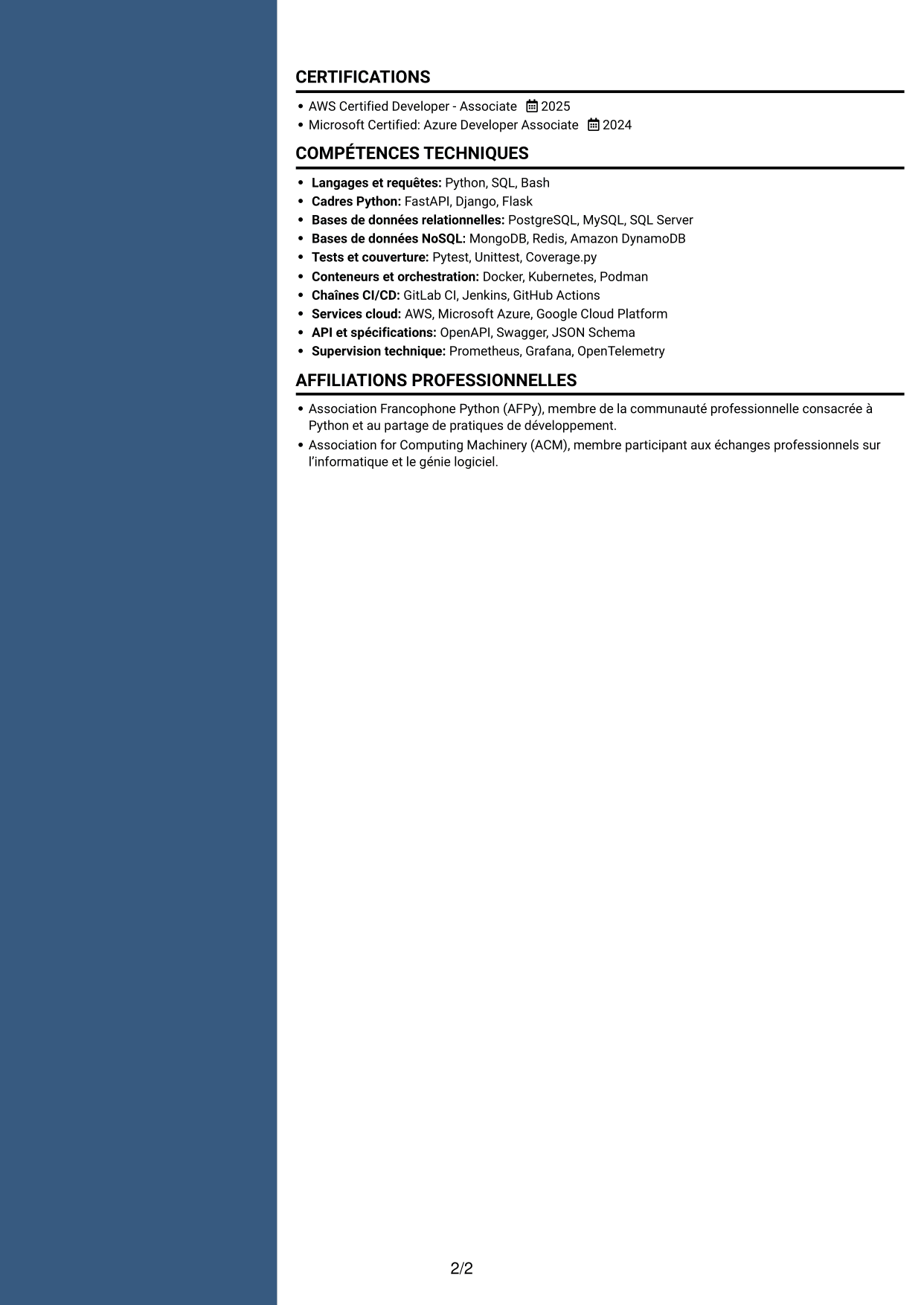CV Élégant (format à colonne latérale colorée avec photo) : Développeur Python - API et microservices, page 2