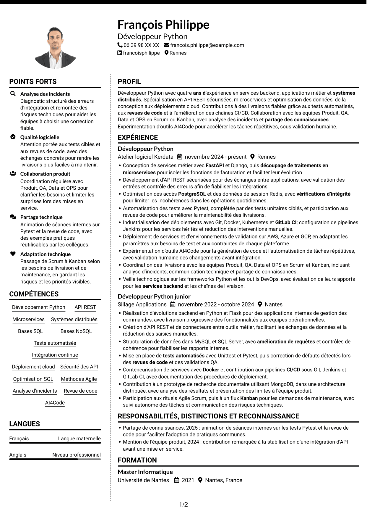 CV Moderne (format à deux colonnes avec photo à gauche et séparateur) : Développeur Python - API et microservices, page 1