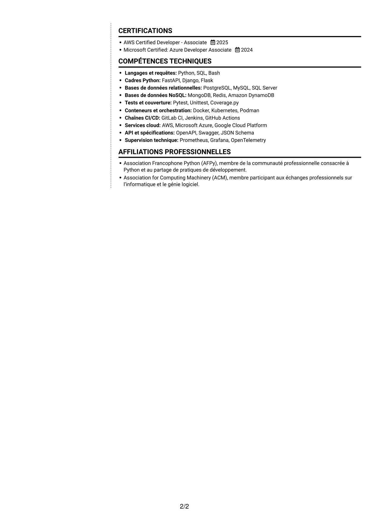 CV Moderne (format à deux colonnes avec photo à gauche et séparateur) : Développeur Python - API et microservices, page 2