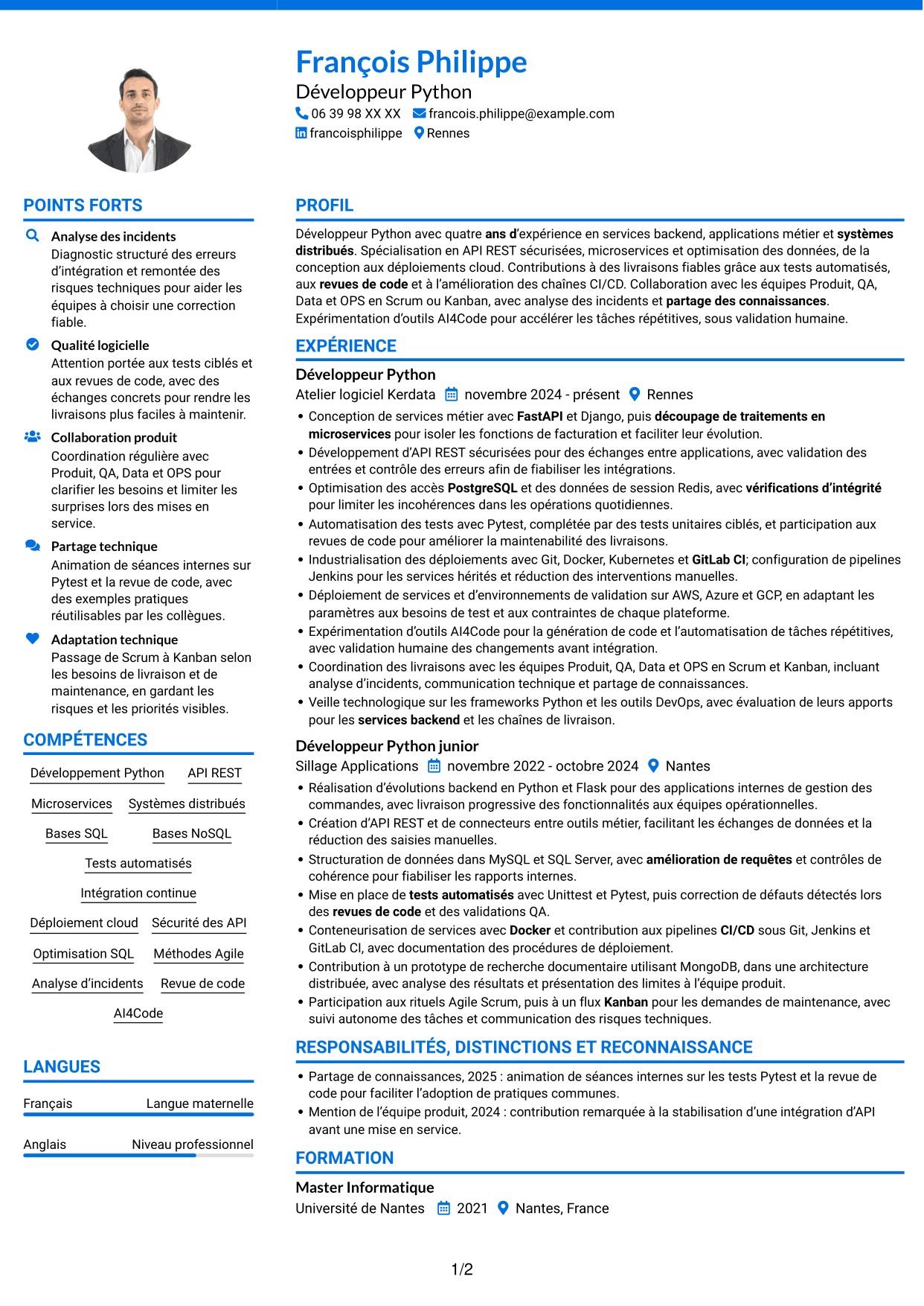 CV Audacieux (format à deux colonnes avec accents colorés et photo) : Développeur Python - API et microservices, page 1