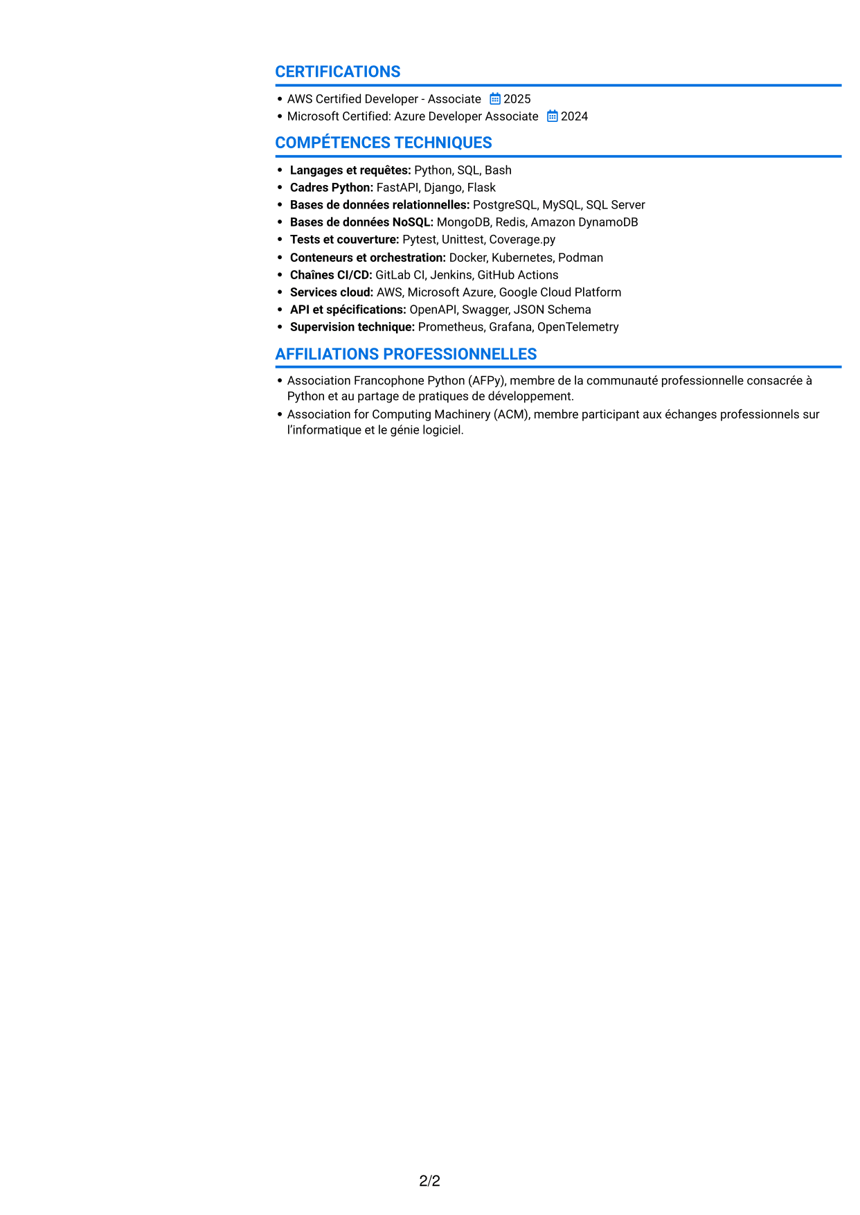 CV Audacieux (format à deux colonnes avec accents colorés et photo) : Développeur Python - API et microservices, page 2