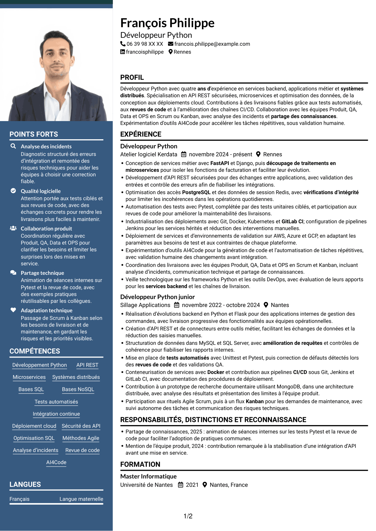 CV Signature (format à colonne latérale colorée avec grande photo) : Développeur Python - API et microservices, page 1