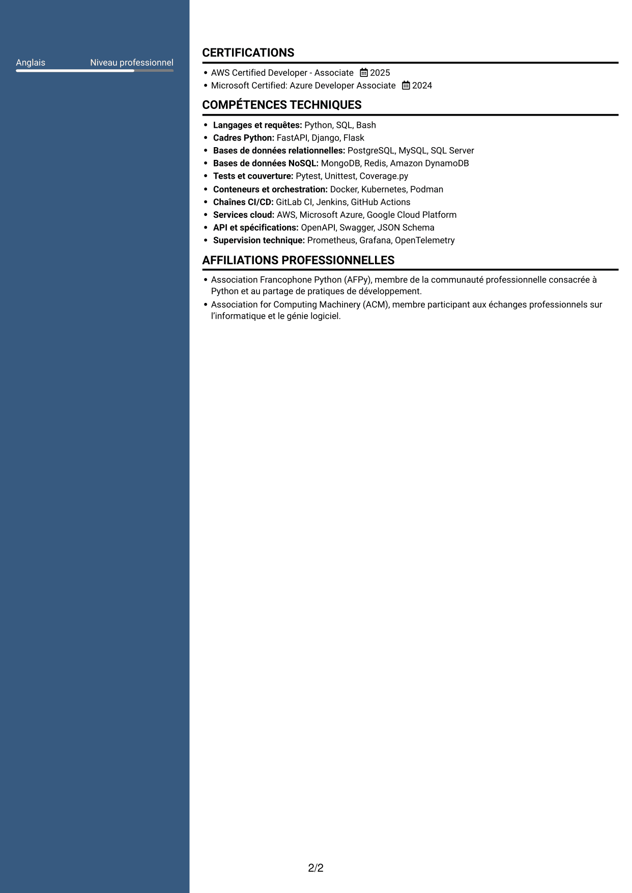 CV Signature (format à colonne latérale colorée avec grande photo) : Développeur Python - API et microservices, page 2