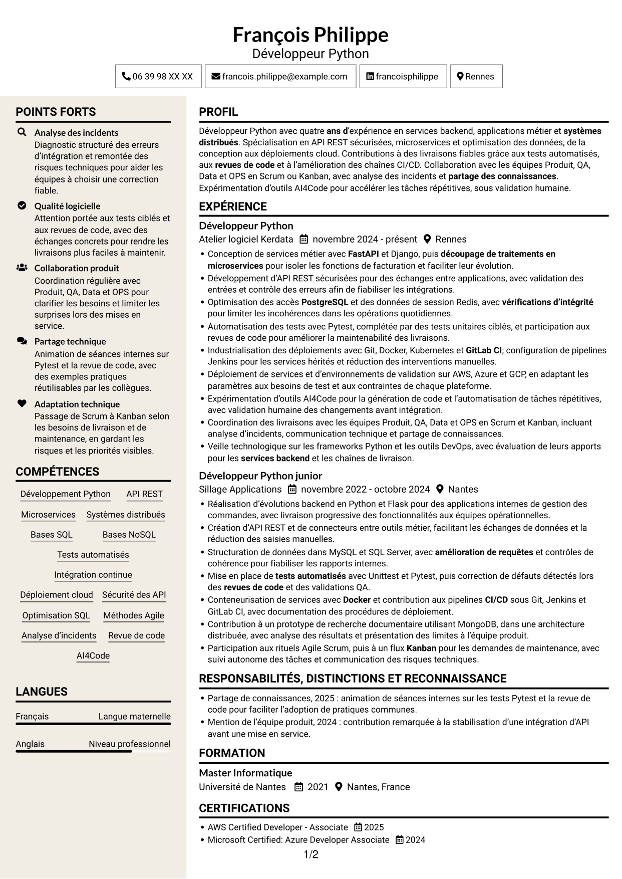 CV Fonceur (format à deux colonnes avec en-tête centré sans photo) : Développeur Python - API et microservices, page 1