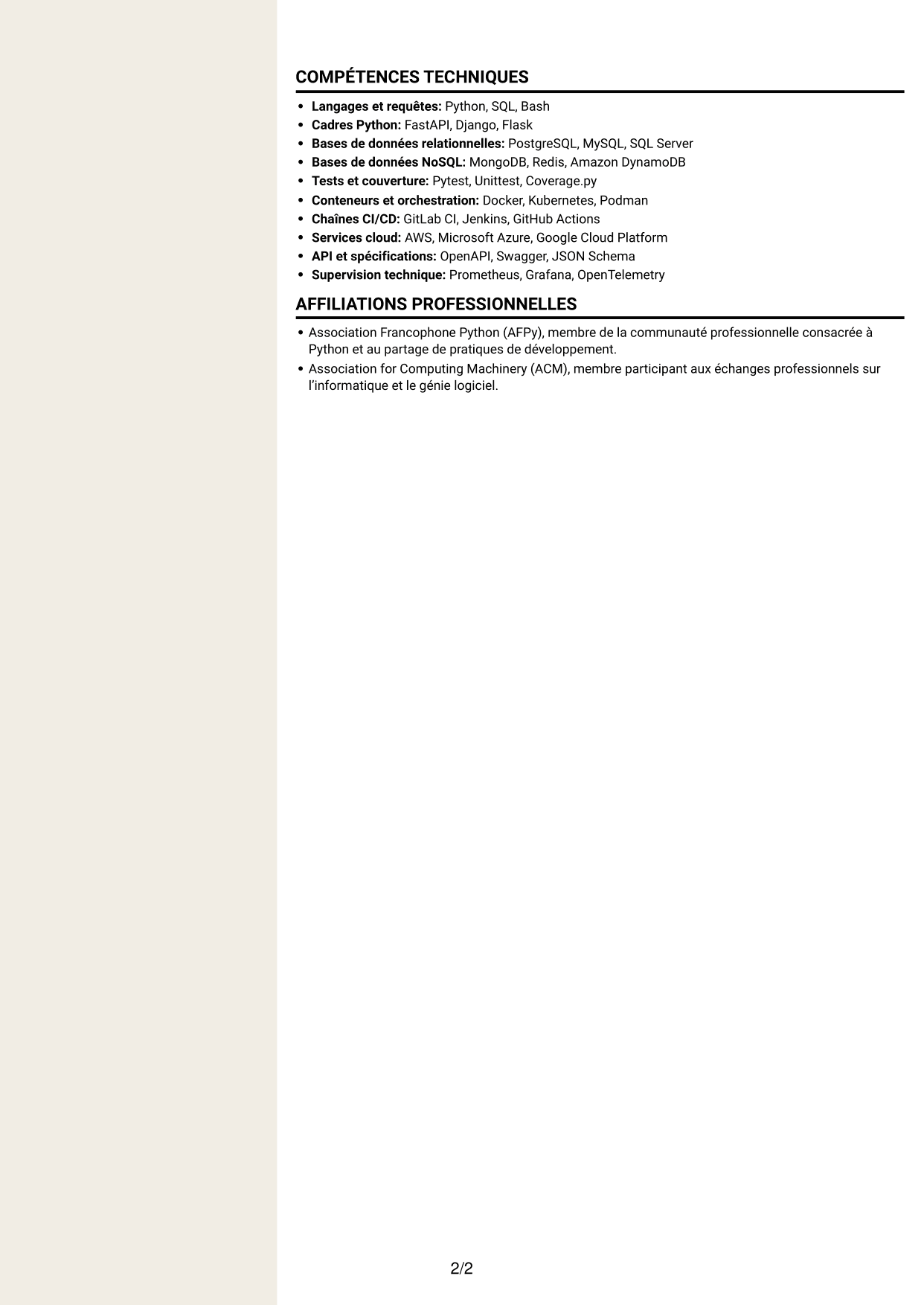CV Fonceur (format à deux colonnes avec en-tête centré sans photo) : Développeur Python - API et microservices, page 2