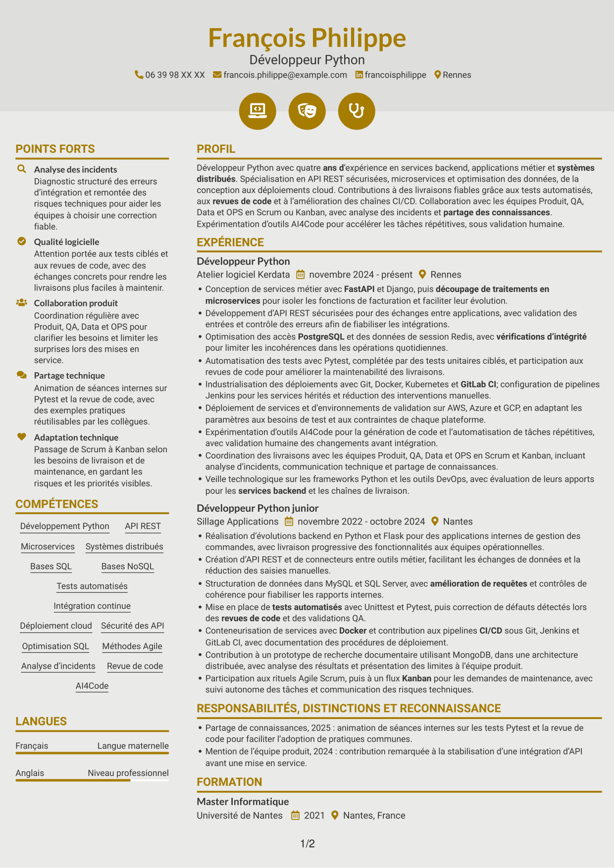CV Dynamique (format à deux colonnes avec icônes) : Développeur Python - API et microservices, page 1
