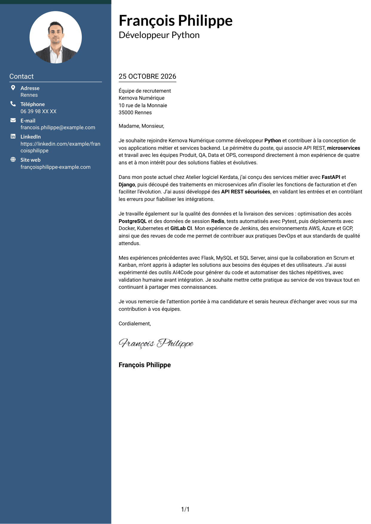 Lettre de motivation Élégant (format à colonne latérale colorée avec photo) : Développeur Python - API et microservices, page 1