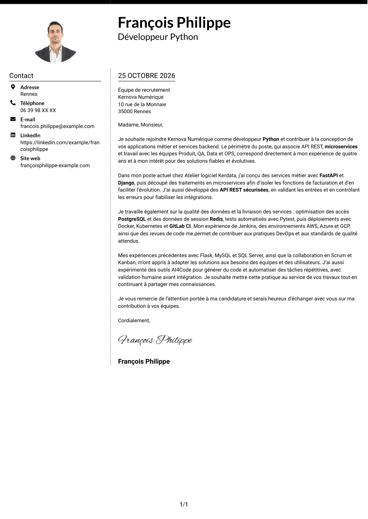 Lettre de motivation Moderne (format à deux colonnes avec photo à gauche et séparateur) : Développeur Python - API et microservices, page 1