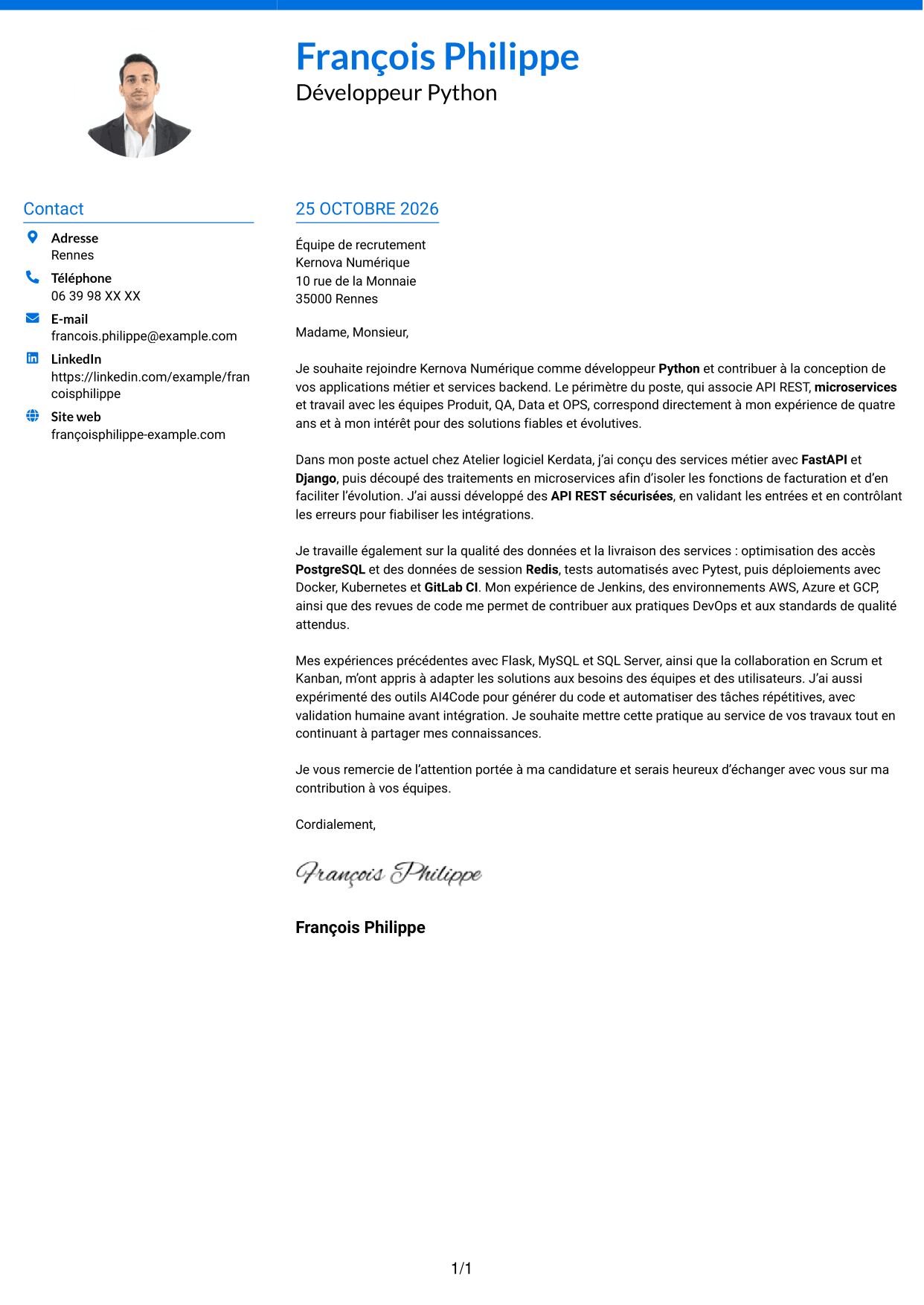 Lettre de motivation Audacieux (format à deux colonnes avec accents colorés et photo) : Développeur Python - API et microservices, page 1