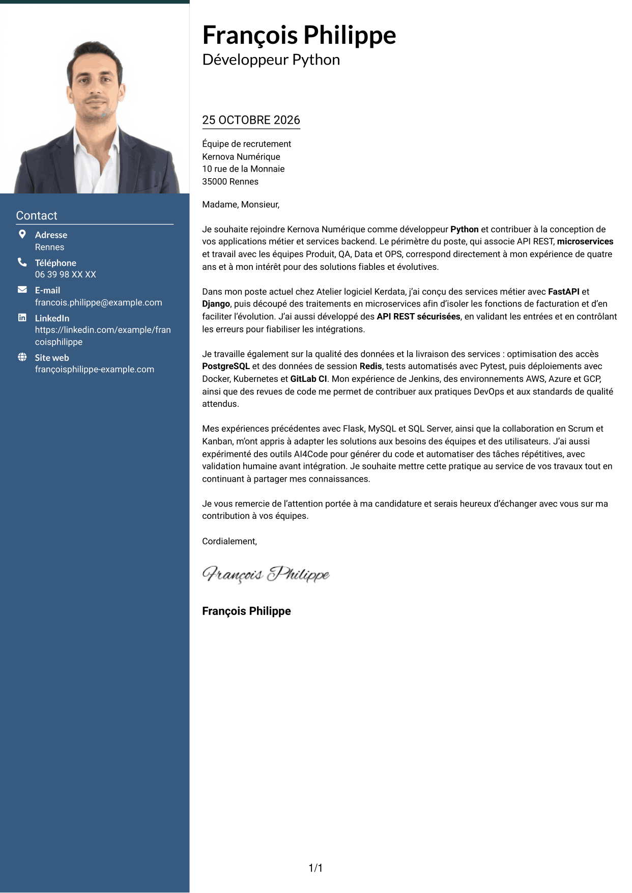 Lettre de motivation Signature (format à colonne latérale colorée avec grande photo) : Développeur Python - API et microservices, page 1