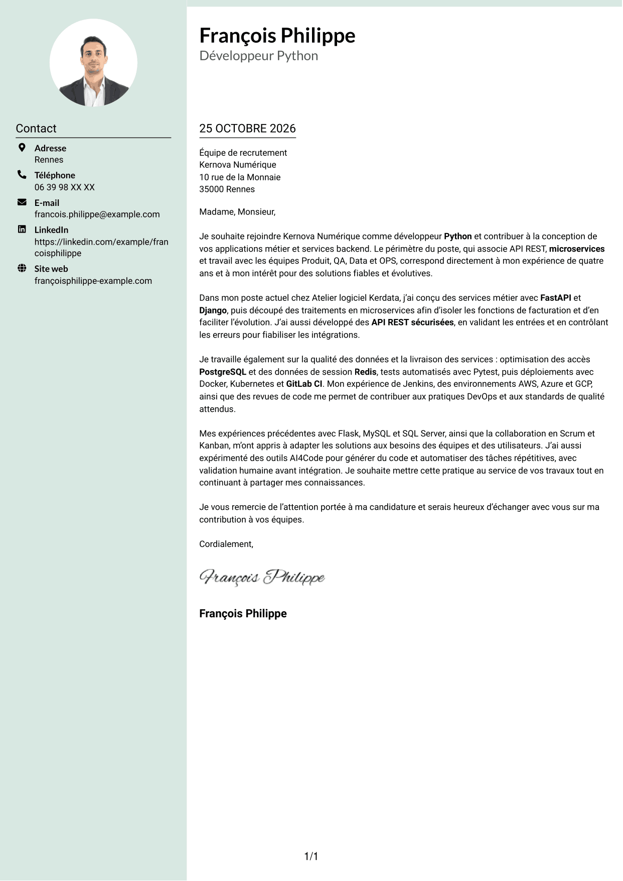 Lettre de motivation Cadre (format à colonne latérale douce avec photo arrondie) : Développeur Python - API et microservices, page 1