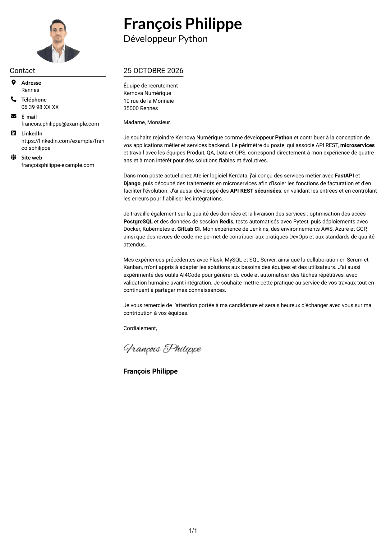Exemple de lettre de motivation — page 1