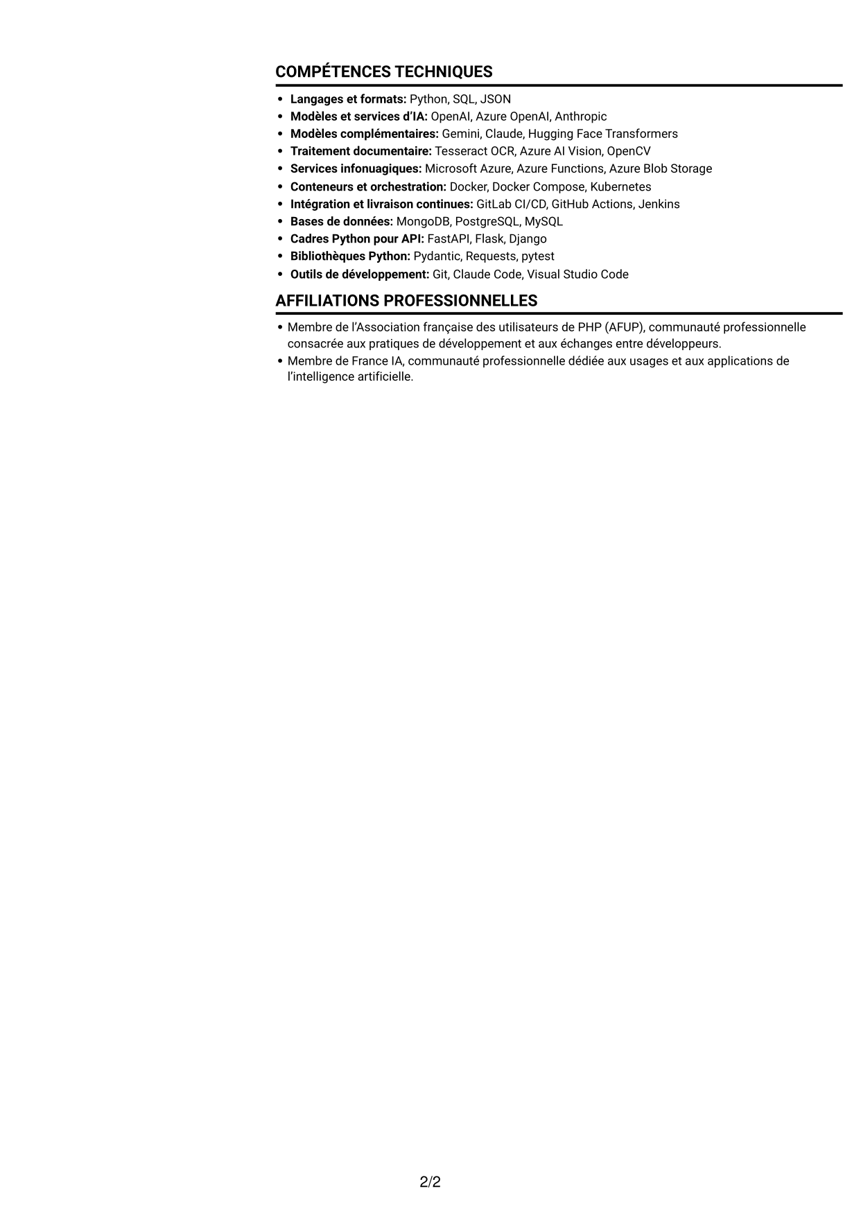 CV Compact (format sobre à deux colonnes avec photo) : Développeur Python Junior - IA générative, page 2