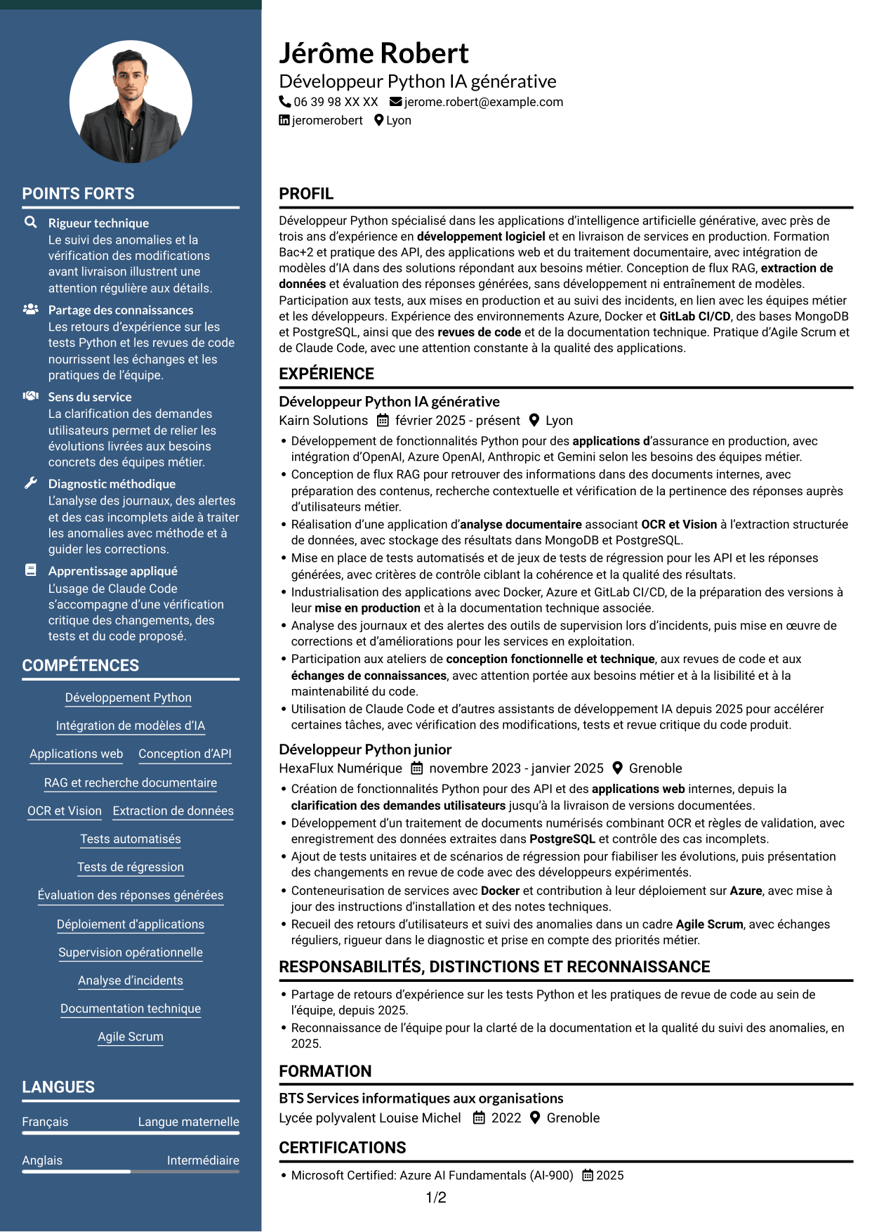 CV Élégant (format à colonne latérale colorée avec photo) : Développeur Python Junior - IA générative, page 1