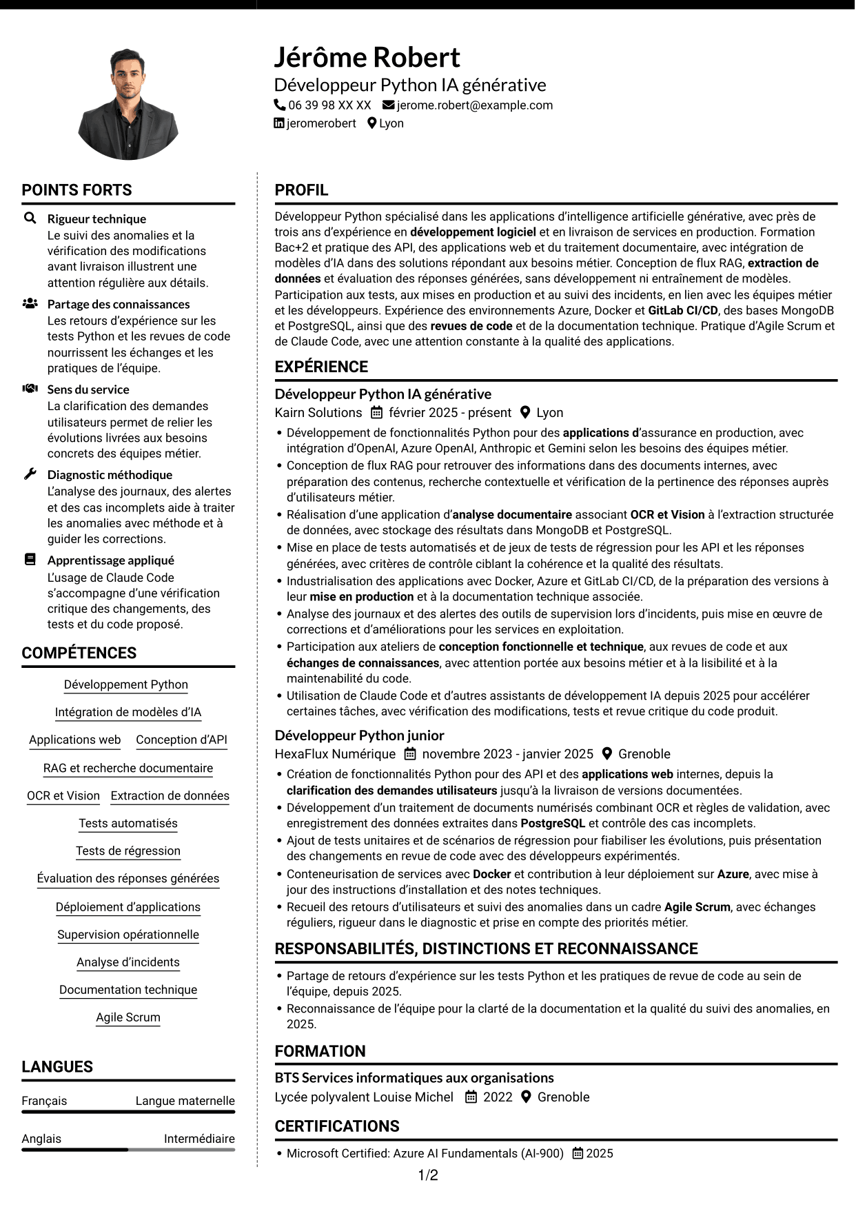 CV Moderne (format à deux colonnes avec photo à gauche et séparateur) : Développeur Python Junior - IA générative, page 1