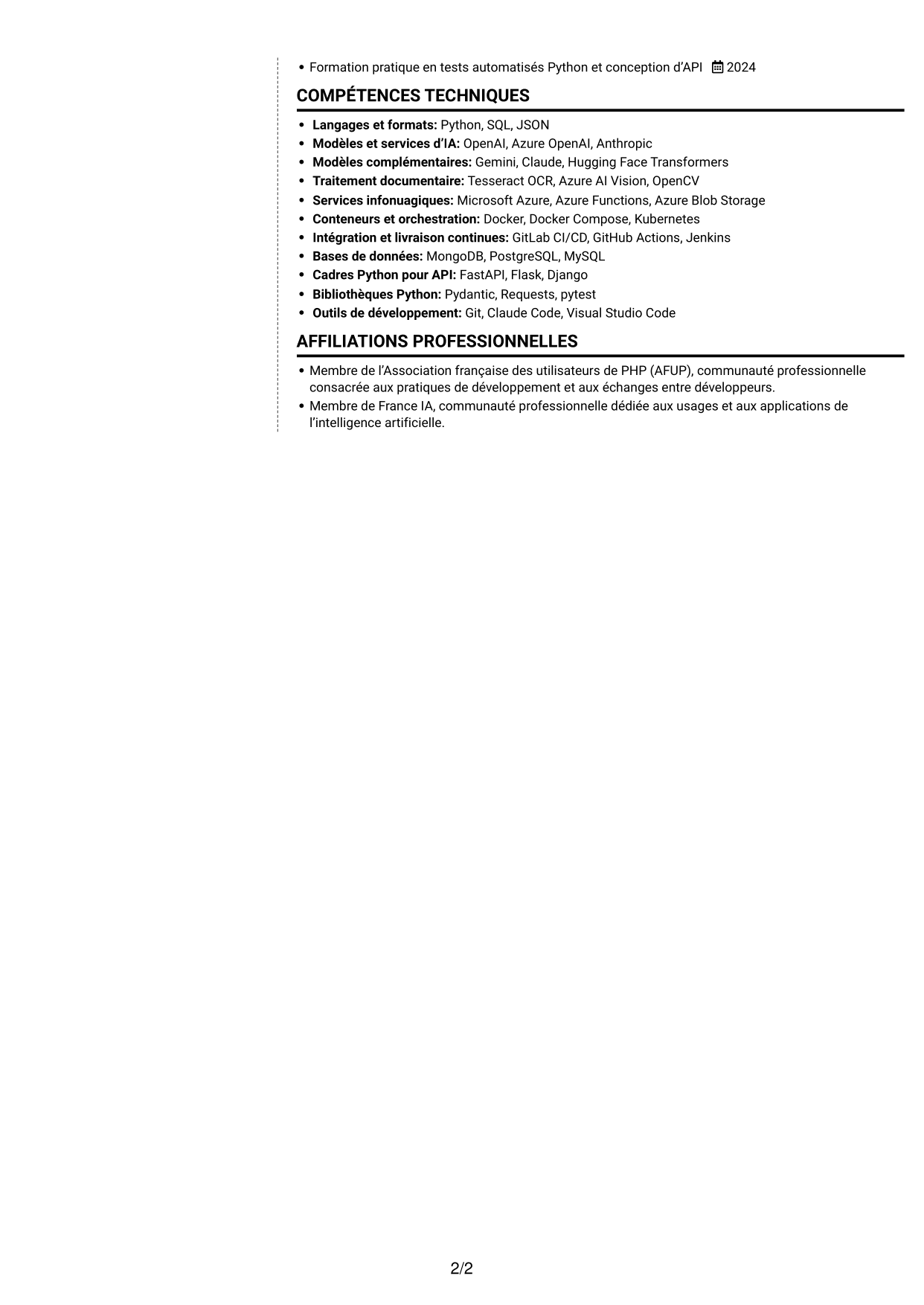 CV Moderne (format à deux colonnes avec photo à gauche et séparateur) : Développeur Python Junior - IA générative, page 2