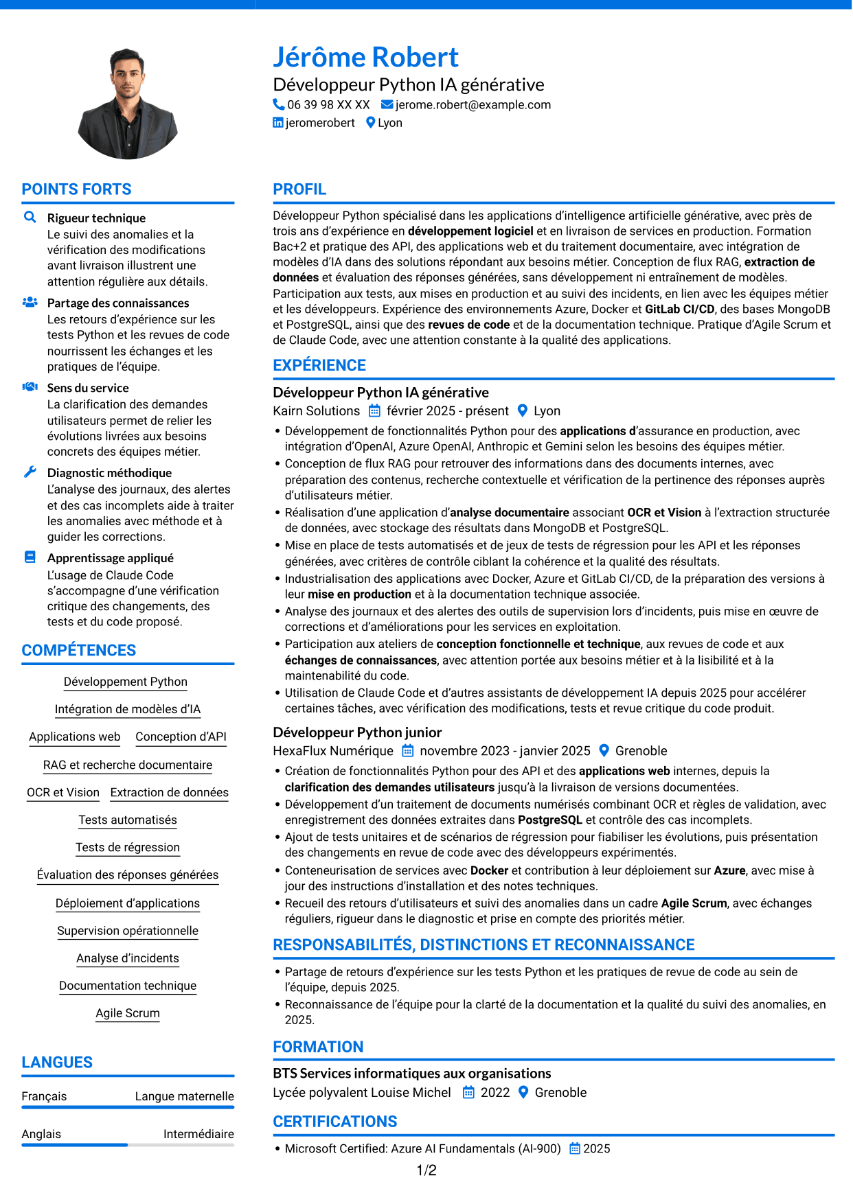 CV Audacieux (format à deux colonnes avec accents colorés et photo) : Développeur Python Junior - IA générative, page 1