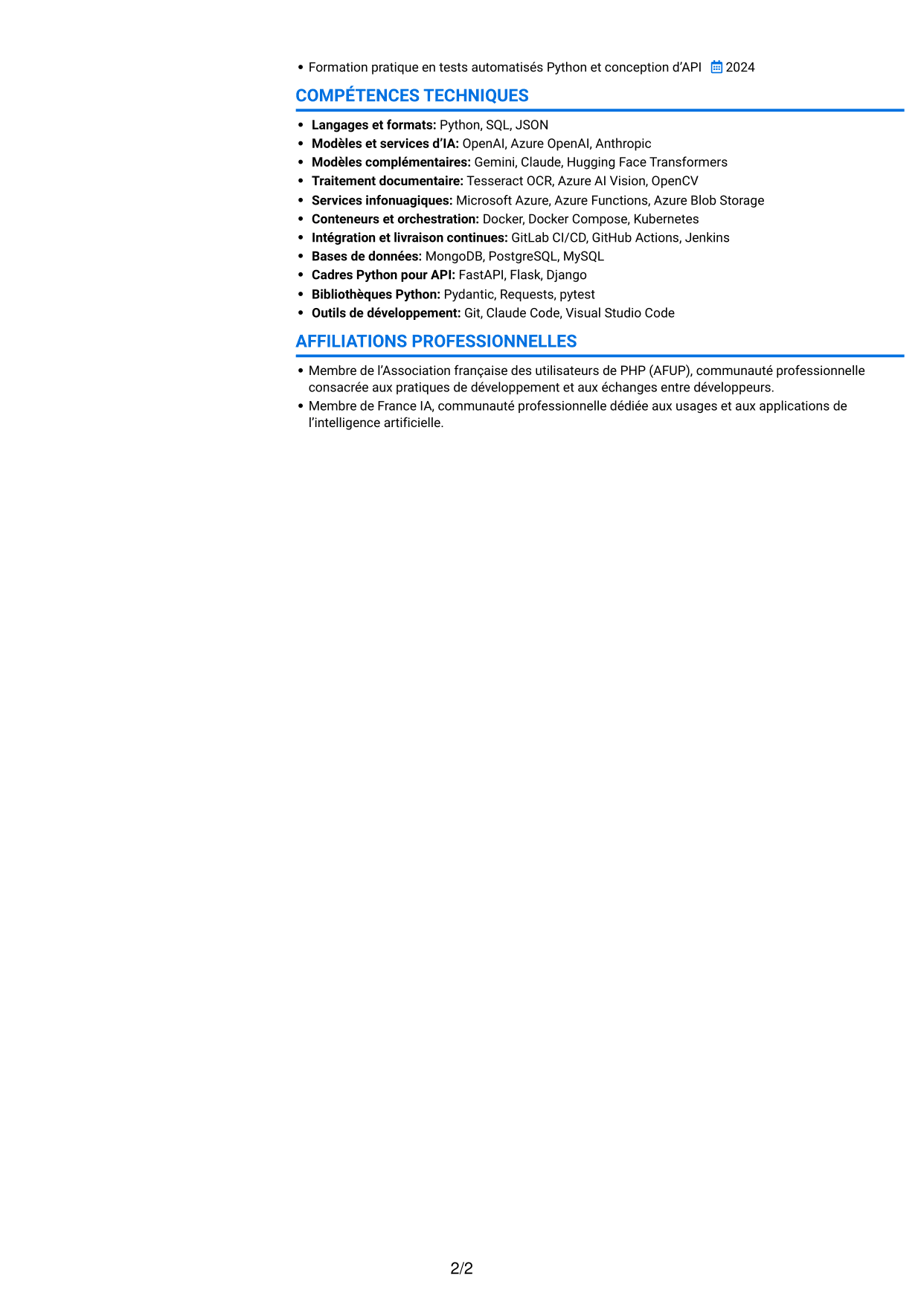 CV Audacieux (format à deux colonnes avec accents colorés et photo) : Développeur Python Junior - IA générative, page 2