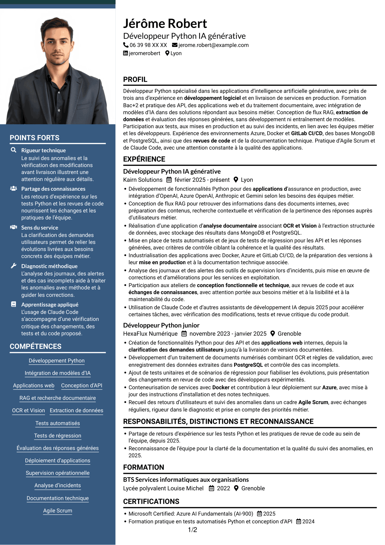 CV Signature (format à colonne latérale colorée avec grande photo) : Développeur Python Junior - IA générative, page 1