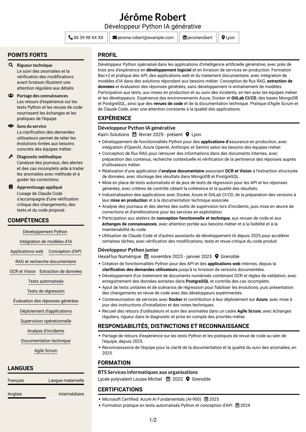 CV Fonceur (format à deux colonnes avec en-tête centré sans photo) : Développeur Python Junior - IA générative, page 1