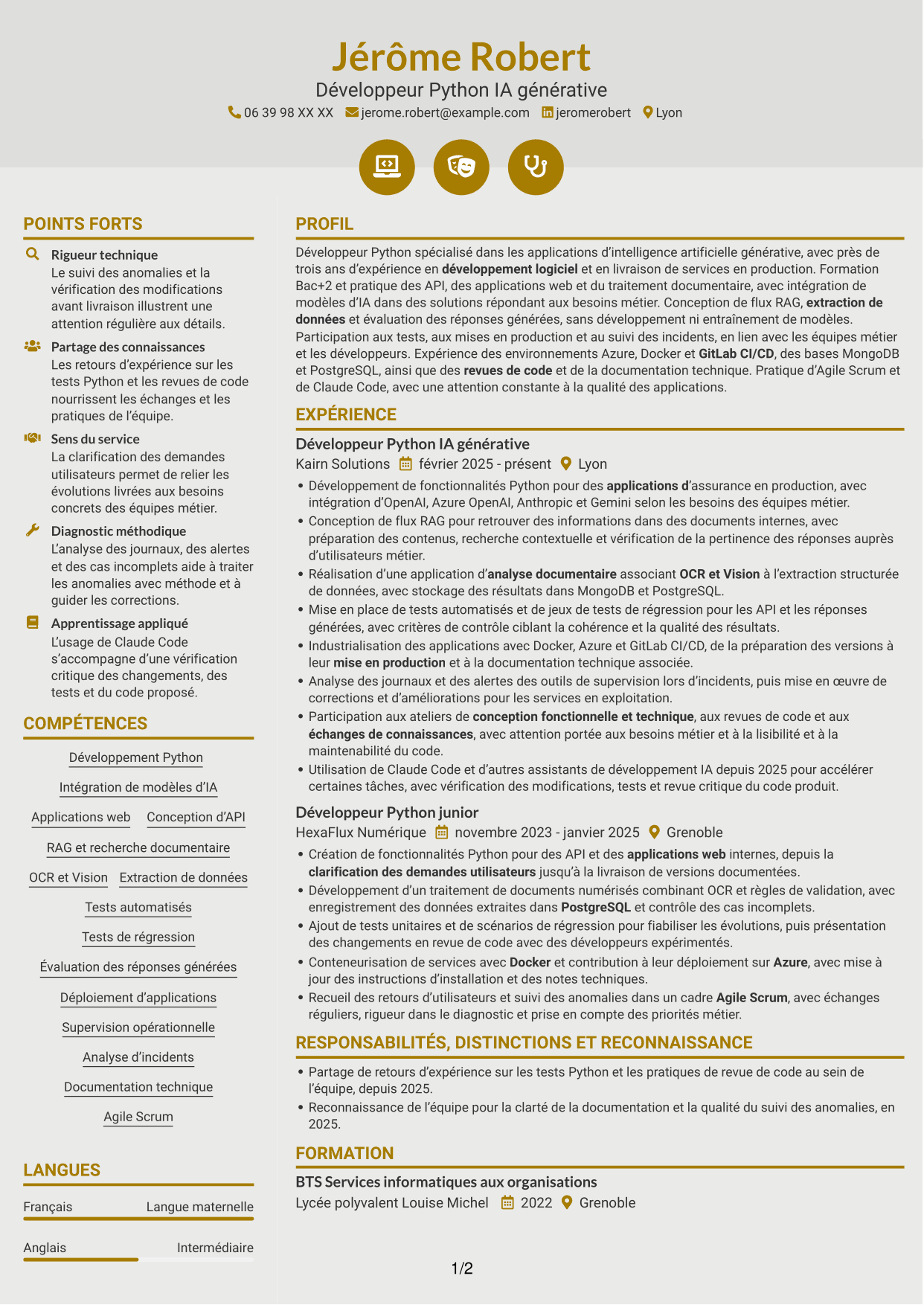CV Dynamique (format à deux colonnes avec icônes) : Développeur Python Junior - IA générative, page 1