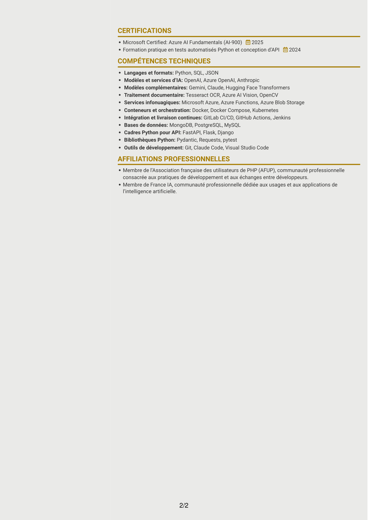 CV Dynamique (format à deux colonnes avec icônes) : Développeur Python Junior - IA générative, page 2