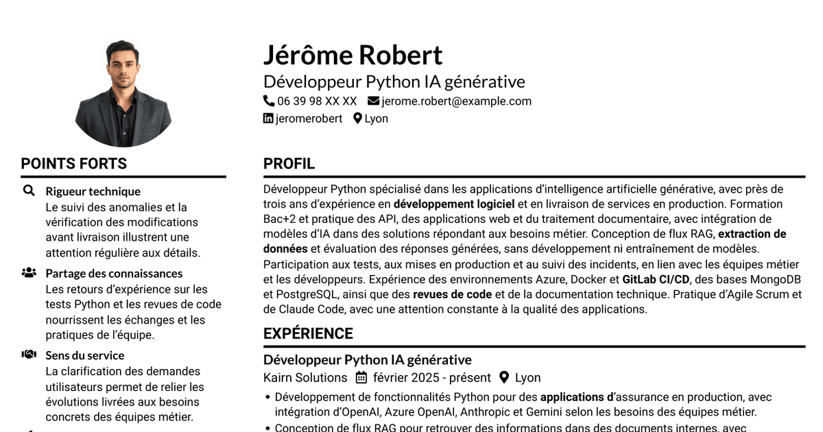 7 modèles de CV pour Développeur Python Junior - IA générative, avec exemples