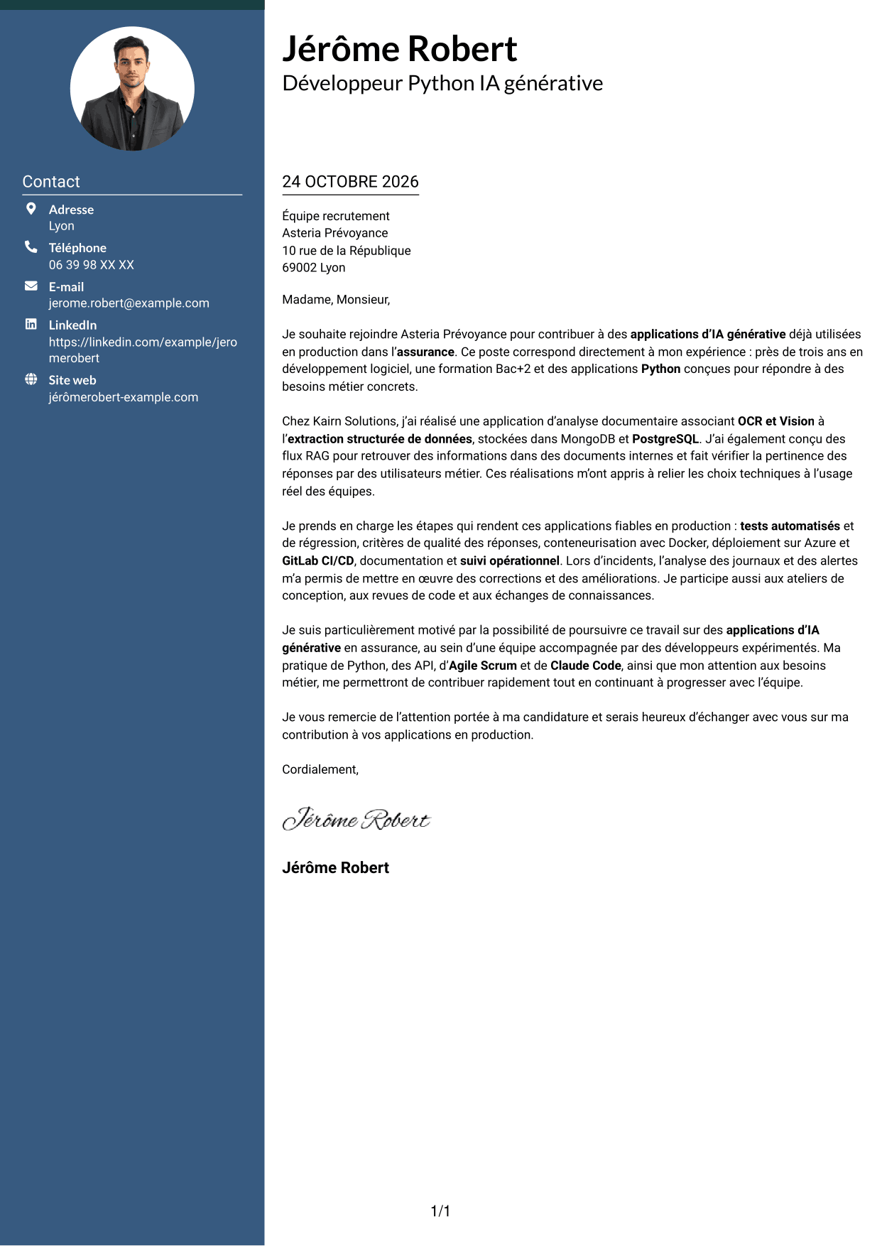 Lettre de motivation Élégant (format à colonne latérale colorée avec photo) : Développeur Python Junior - IA générative, page 1